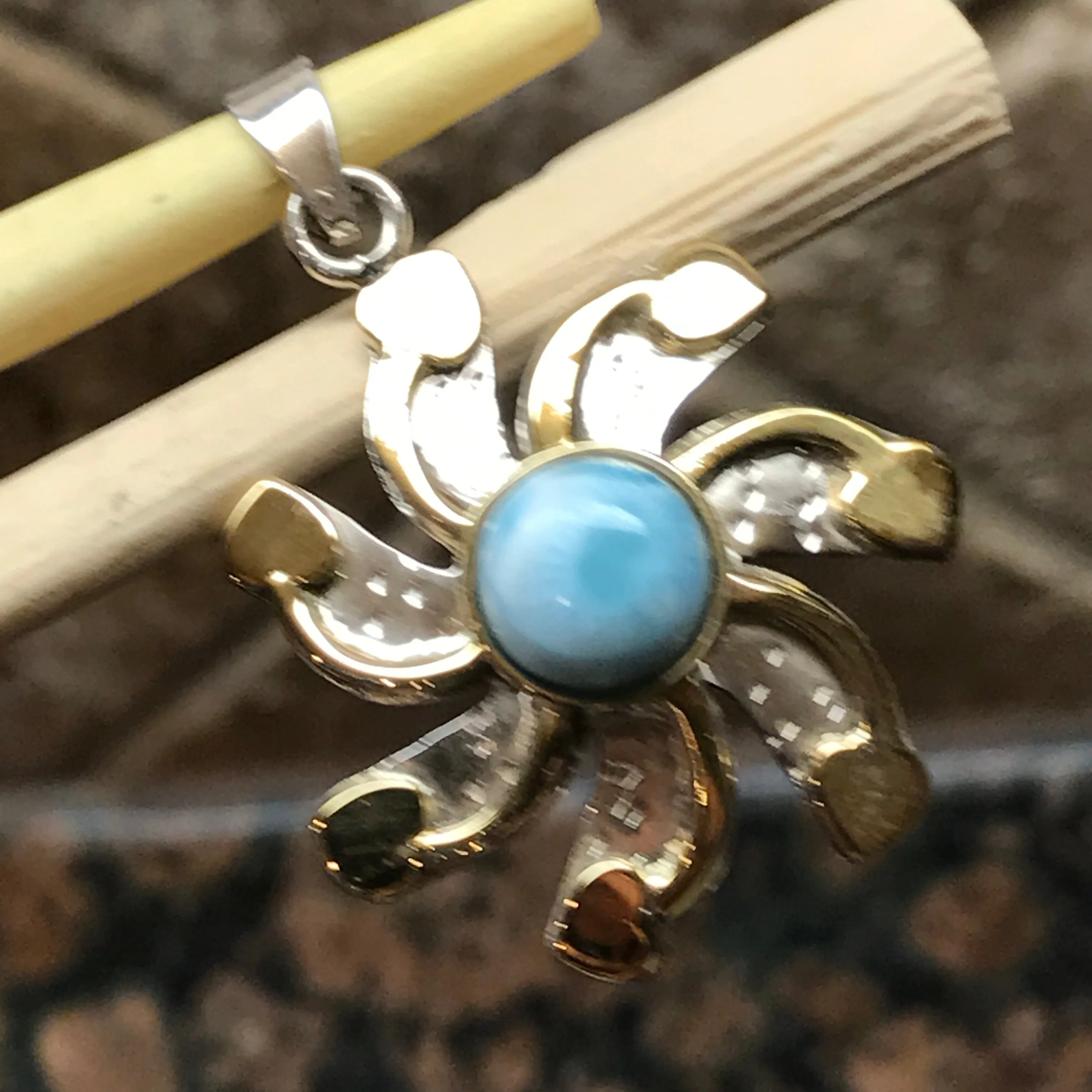 Natural Dominican Larimar 925 Solid Sterling Silver Pendant 35mm