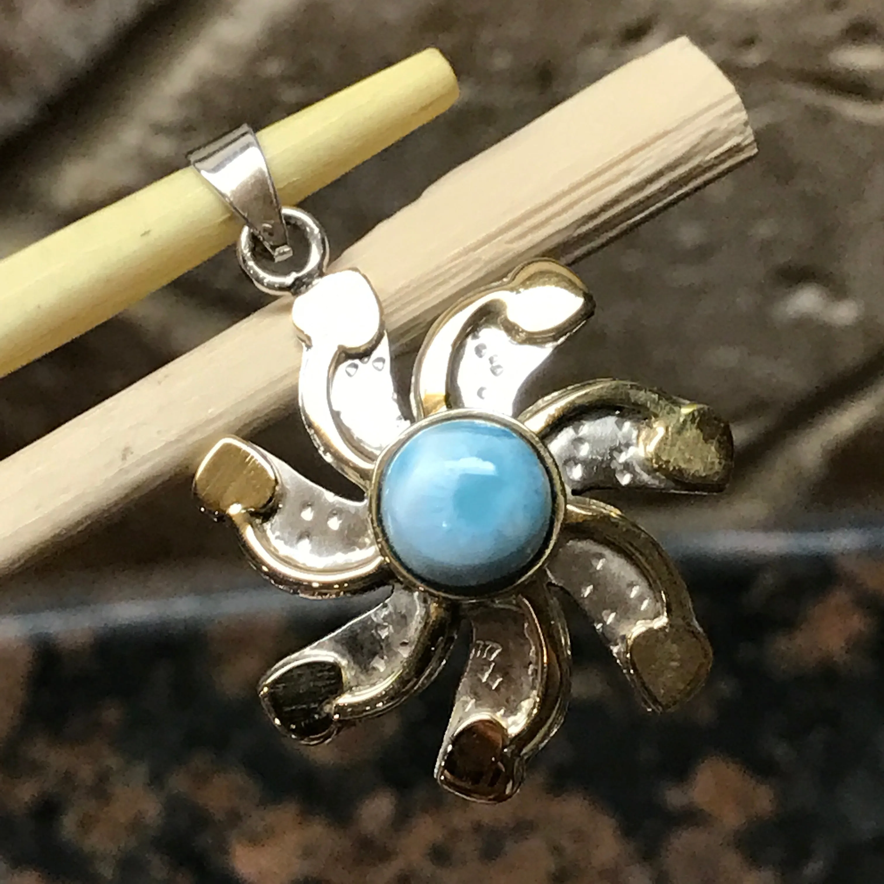 Natural Dominican Larimar 925 Solid Sterling Silver Pendant 35mm