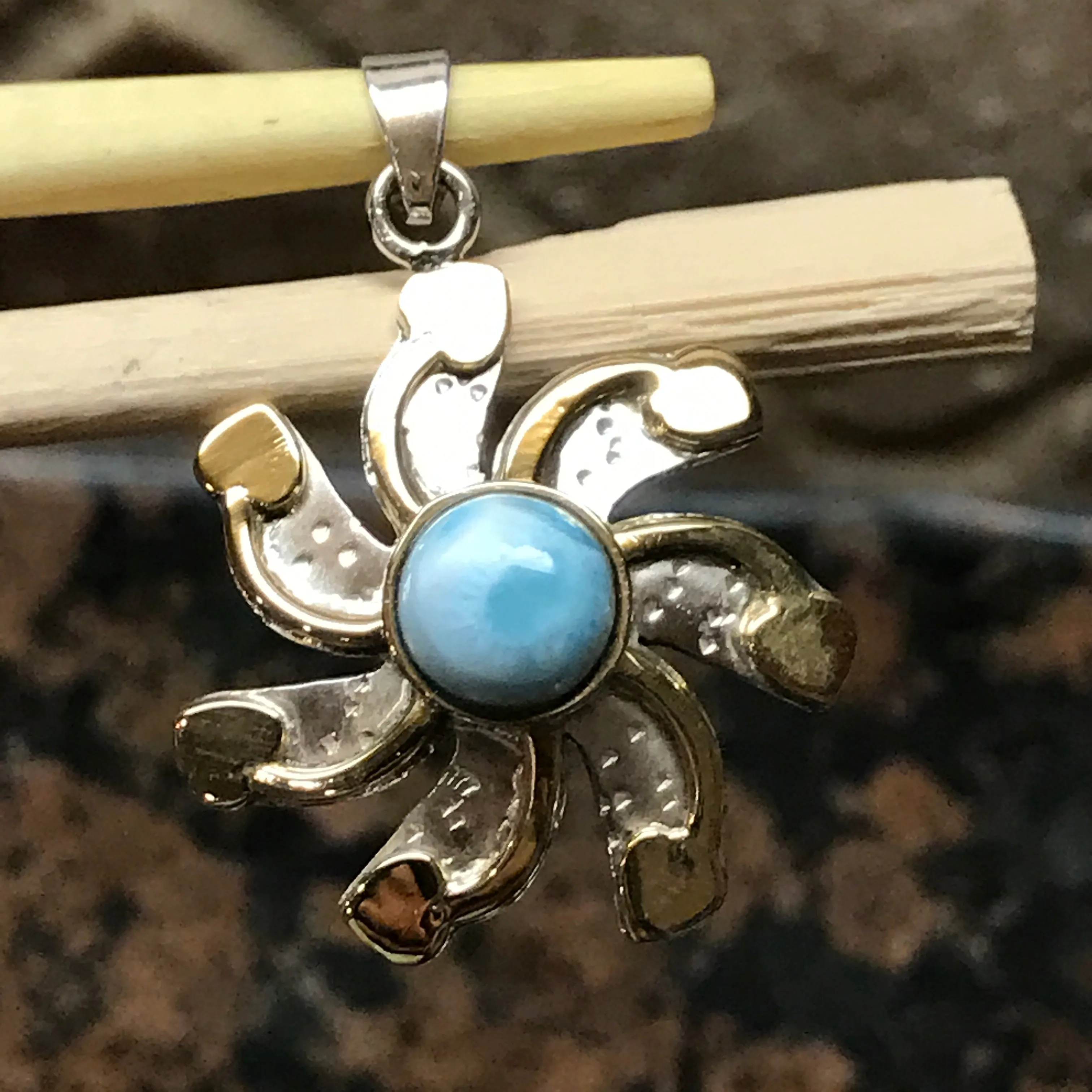 Natural Dominican Larimar 925 Solid Sterling Silver Pendant 35mm