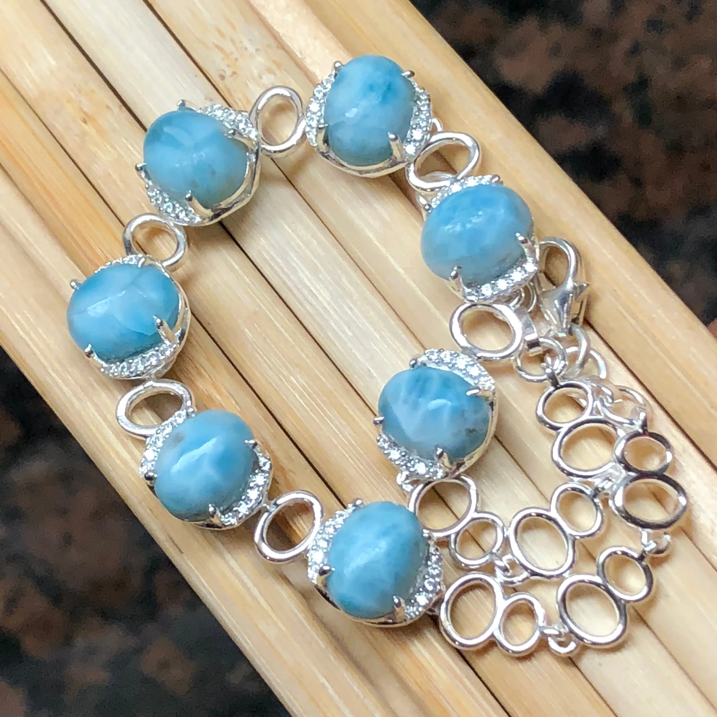 Natural Dominican Larimar, White Sapphire 925 Solid Sterling Silver Bracelets 7 1/2 inches