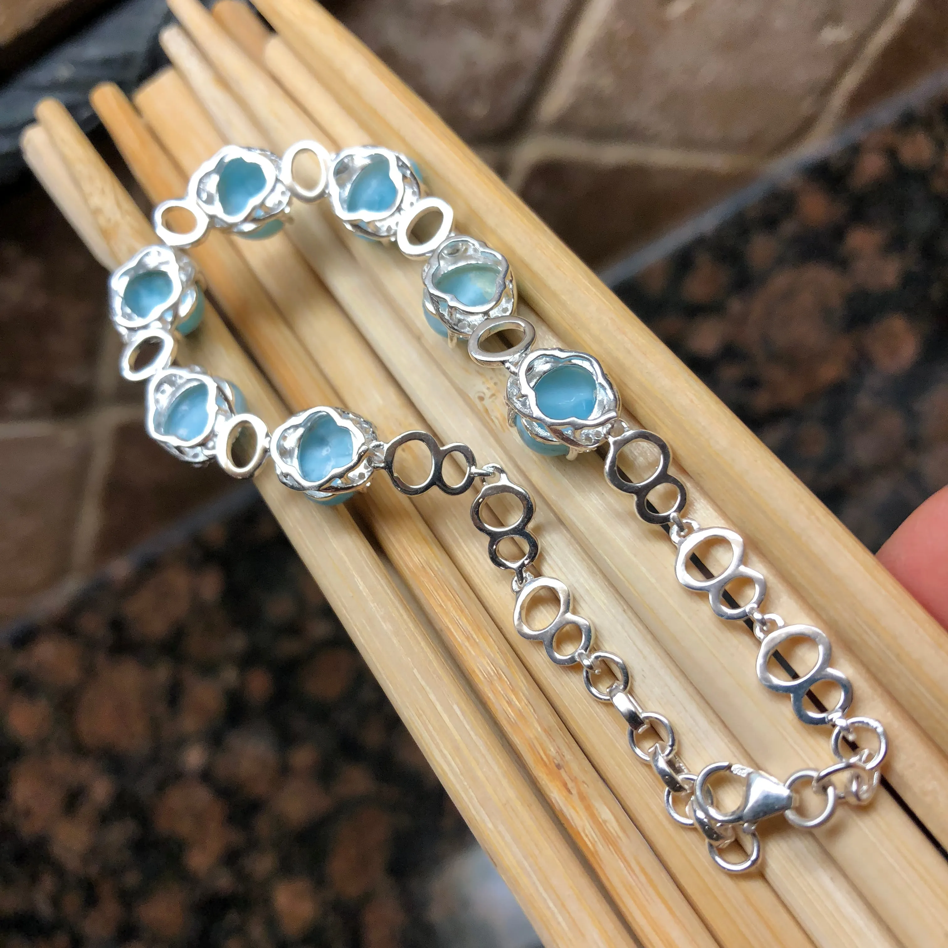 Natural Dominican Larimar, White Sapphire 925 Solid Sterling Silver Bracelets 7 1/2 inches