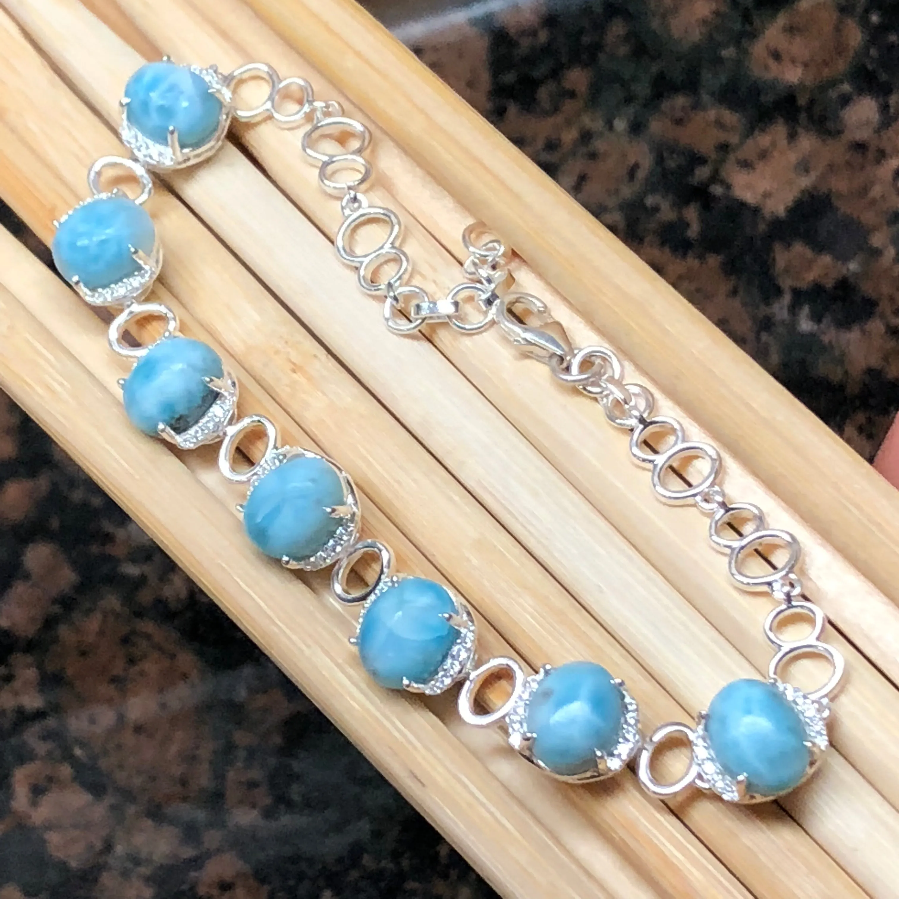 Natural Dominican Larimar, White Sapphire 925 Solid Sterling Silver Bracelets 7 1/2 inches