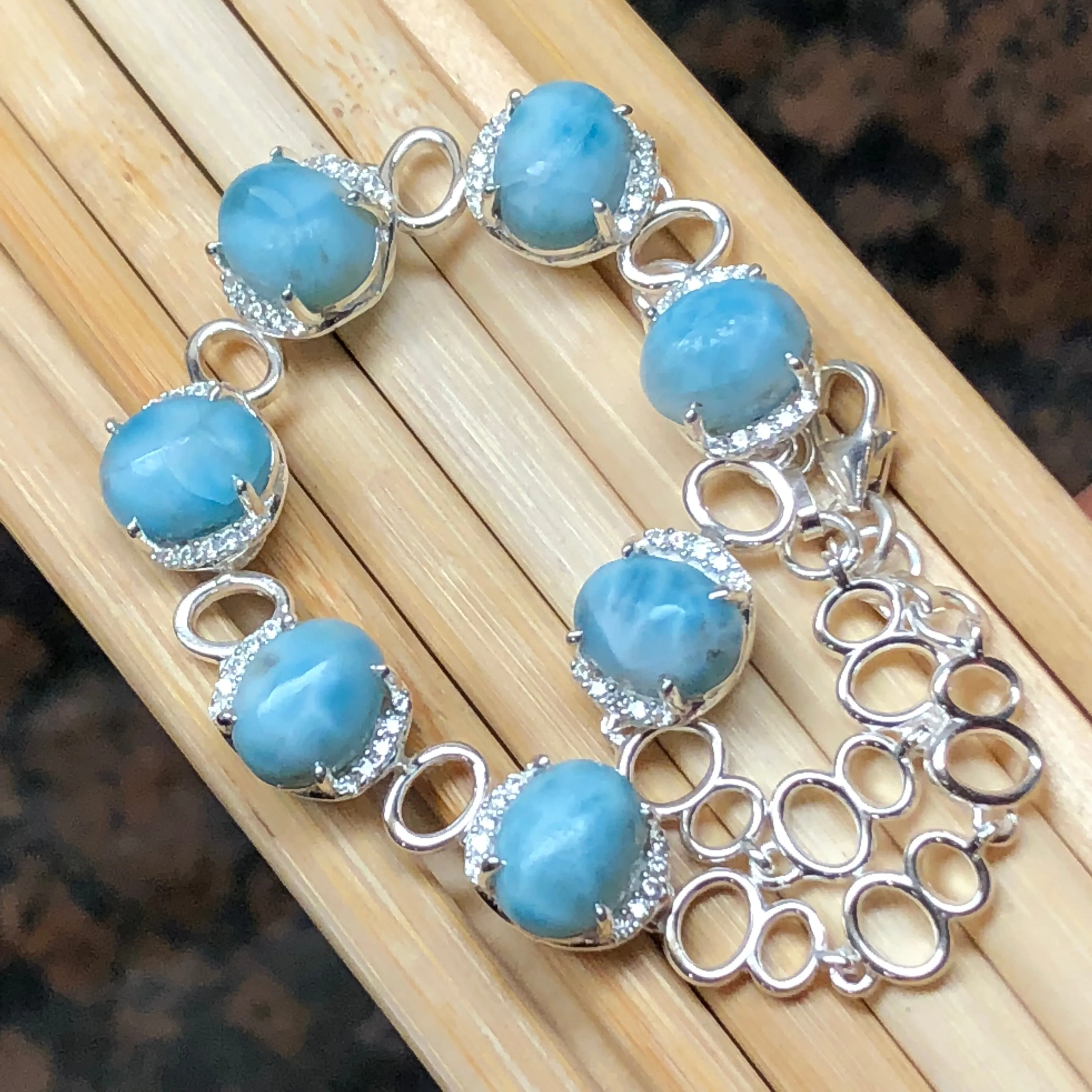 Natural Dominican Larimar, White Sapphire 925 Solid Sterling Silver Bracelets 7 1/2 inches