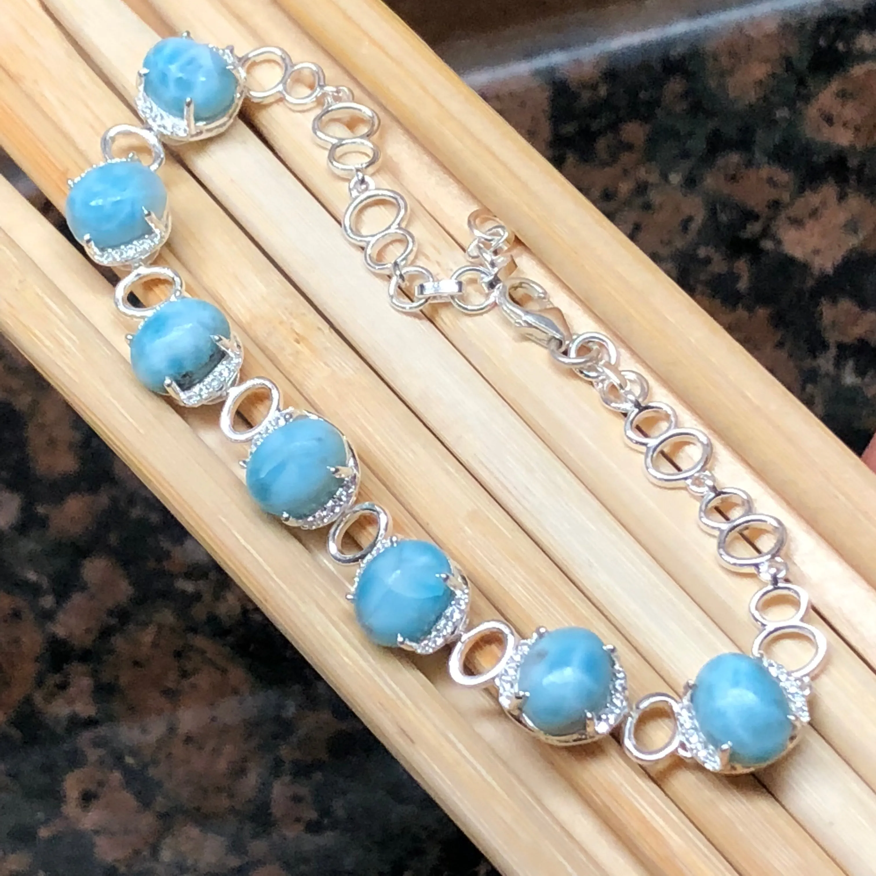 Natural Dominican Larimar, White Sapphire 925 Solid Sterling Silver Bracelets 7 1/2 inches