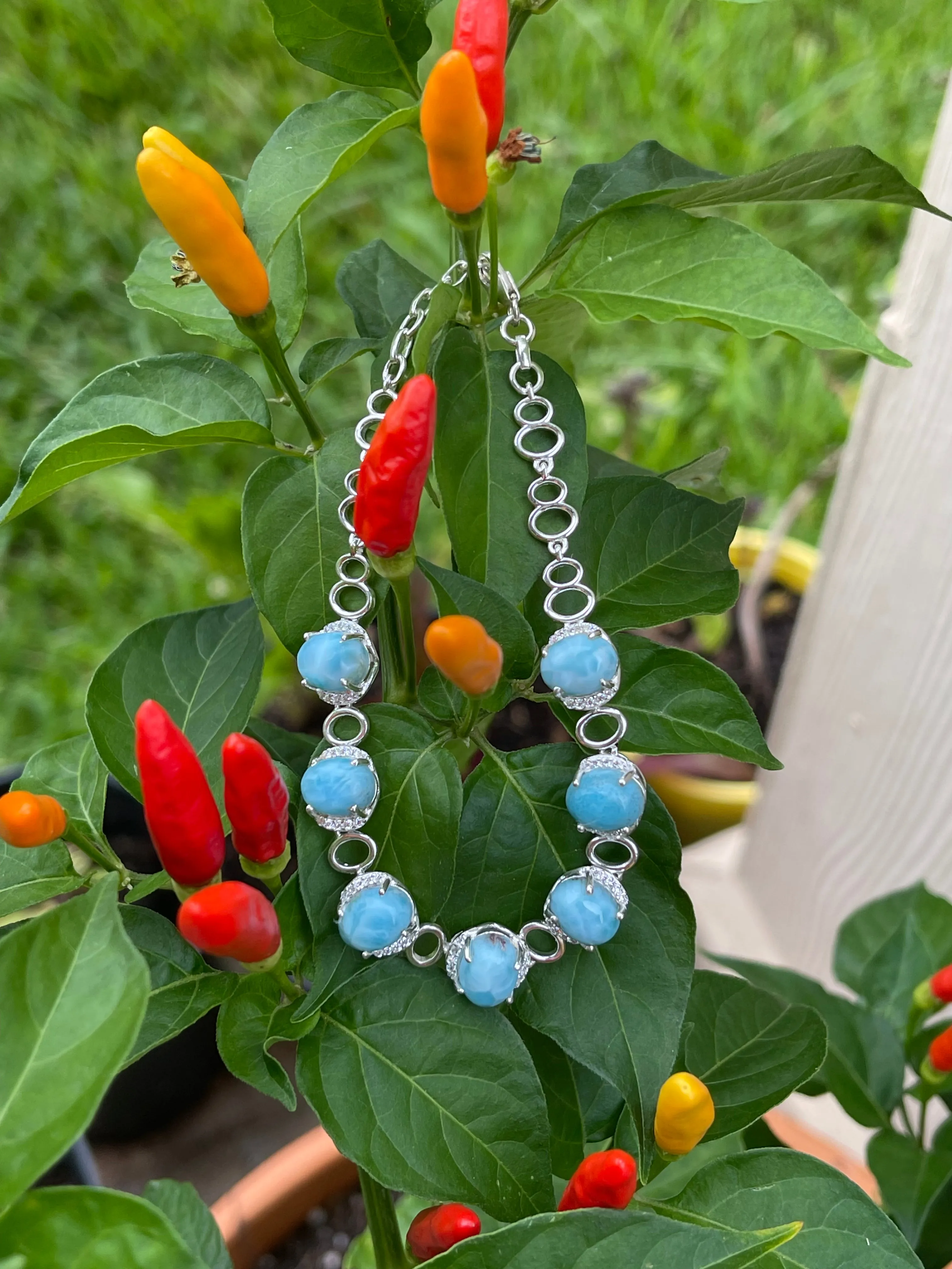 Natural Dominican Larimar, White Sapphire 925 Solid Sterling Silver Bracelets 7 1/2 inches