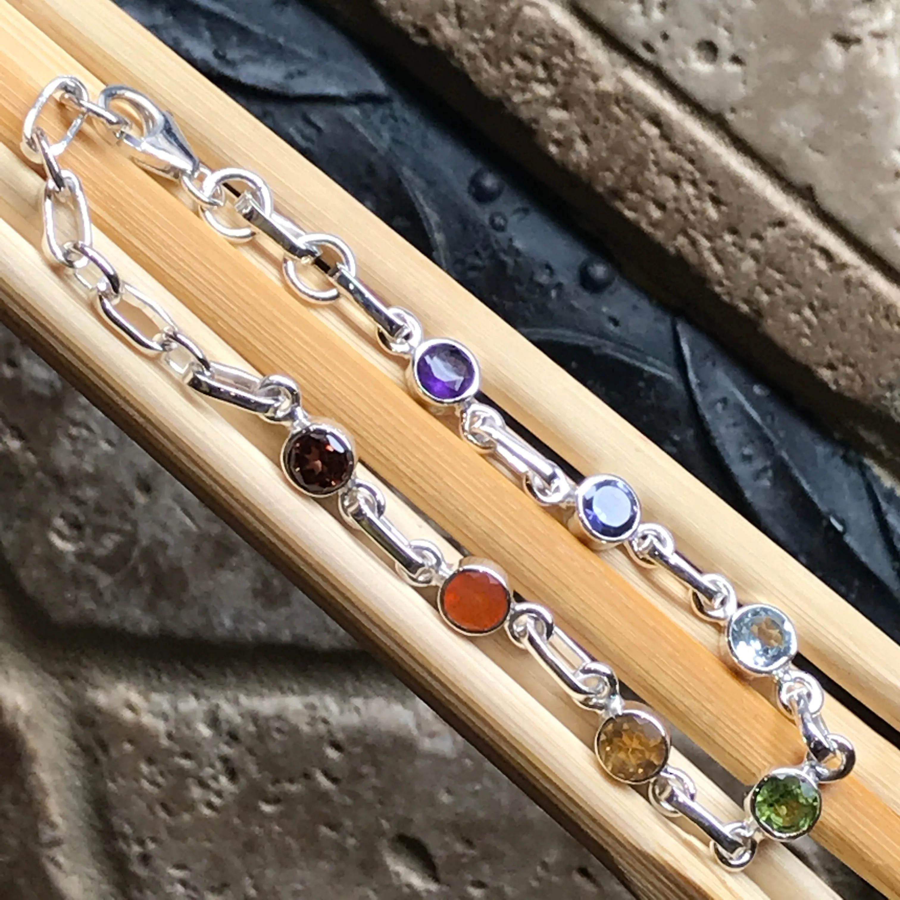 Natural Garnet, Carnelian, Citrine, Peridot 925 Sterling Silver 7-Chakra Bracelet 7"