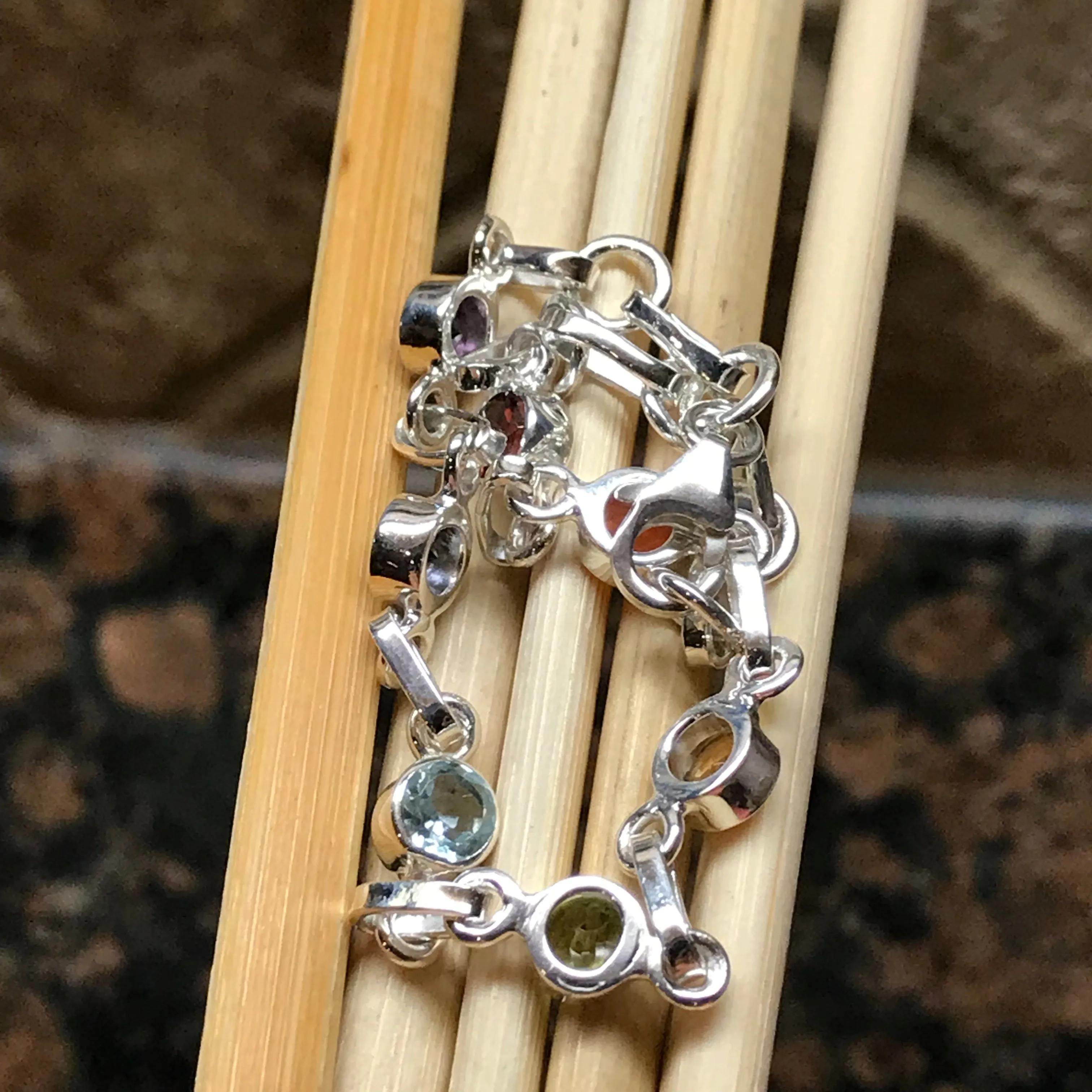 Natural Garnet, Carnelian, Citrine, Peridot 925 Sterling Silver 7-Chakra Bracelet 7"