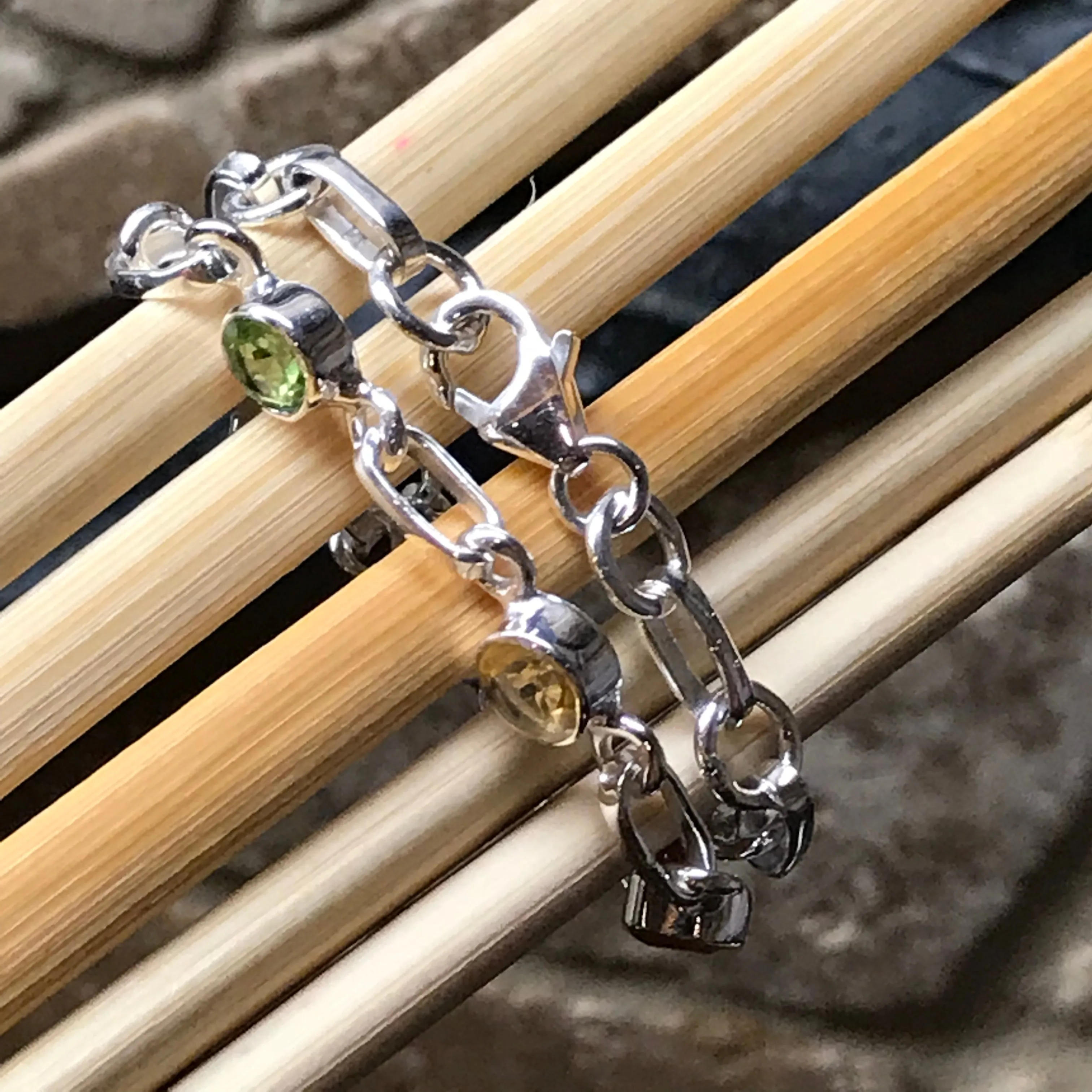 Natural Garnet, Carnelian, Citrine, Peridot 925 Sterling Silver 7-Chakra Bracelet 7"