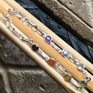 Natural Garnet, Carnelian, Citrine, Peridot 925 Sterling Silver 7-Chakra Bracelet 7"