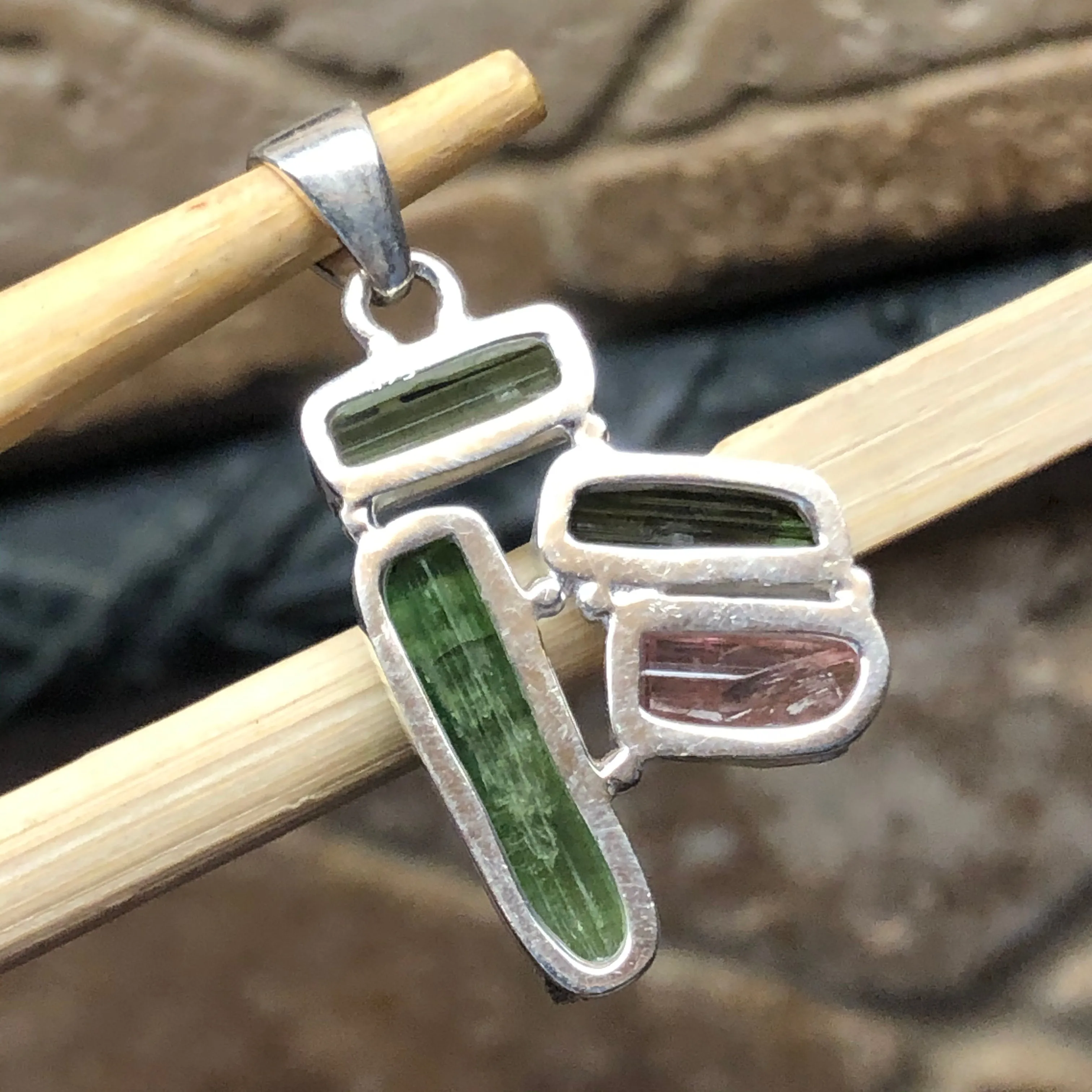Natural Green Tourmaline, Rubellite Tourmaline 925 Sterling Silver Pendant 35mm