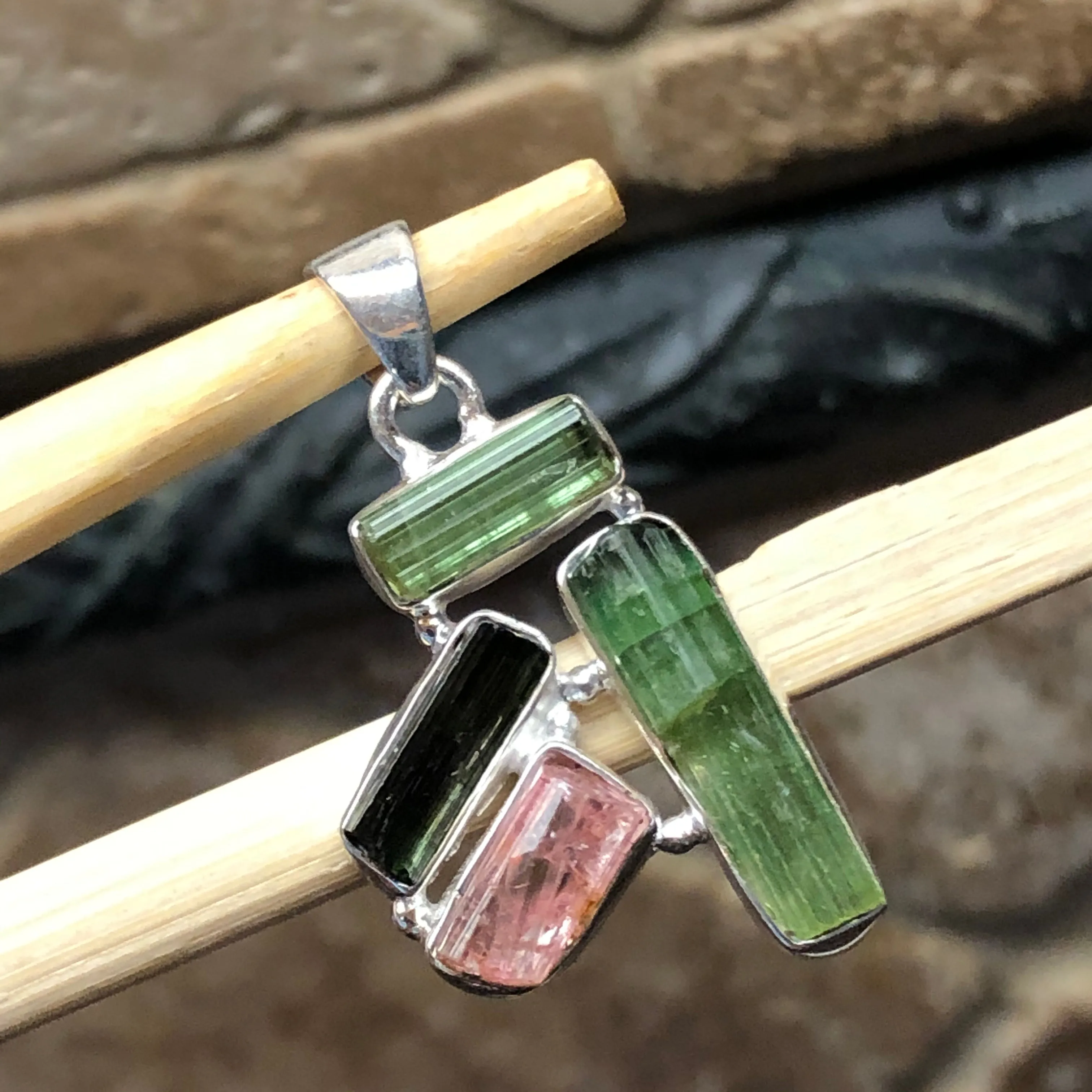 Natural Green Tourmaline, Rubellite Tourmaline 925 Sterling Silver Pendant 35mm