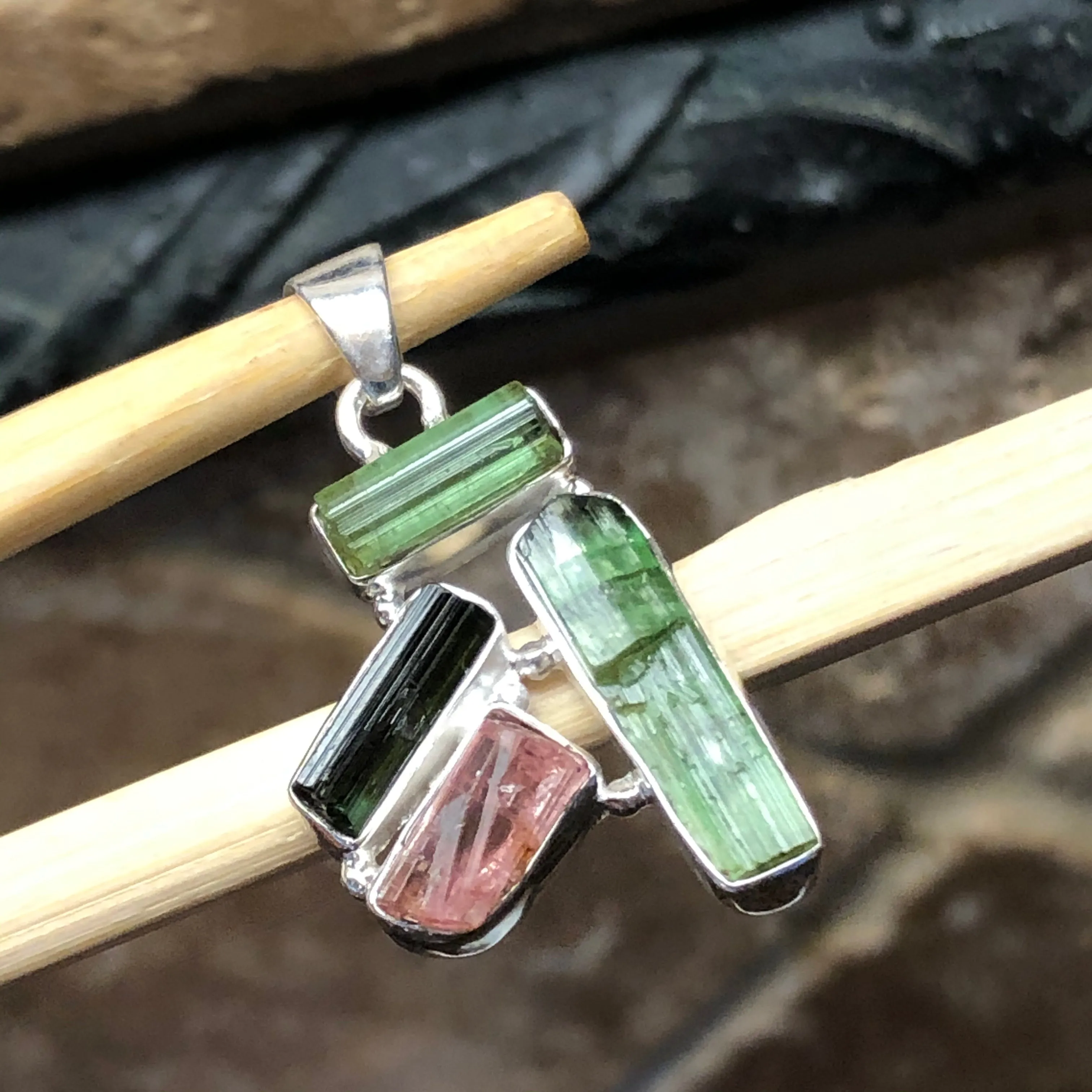 Natural Green Tourmaline, Rubellite Tourmaline 925 Sterling Silver Pendant 35mm