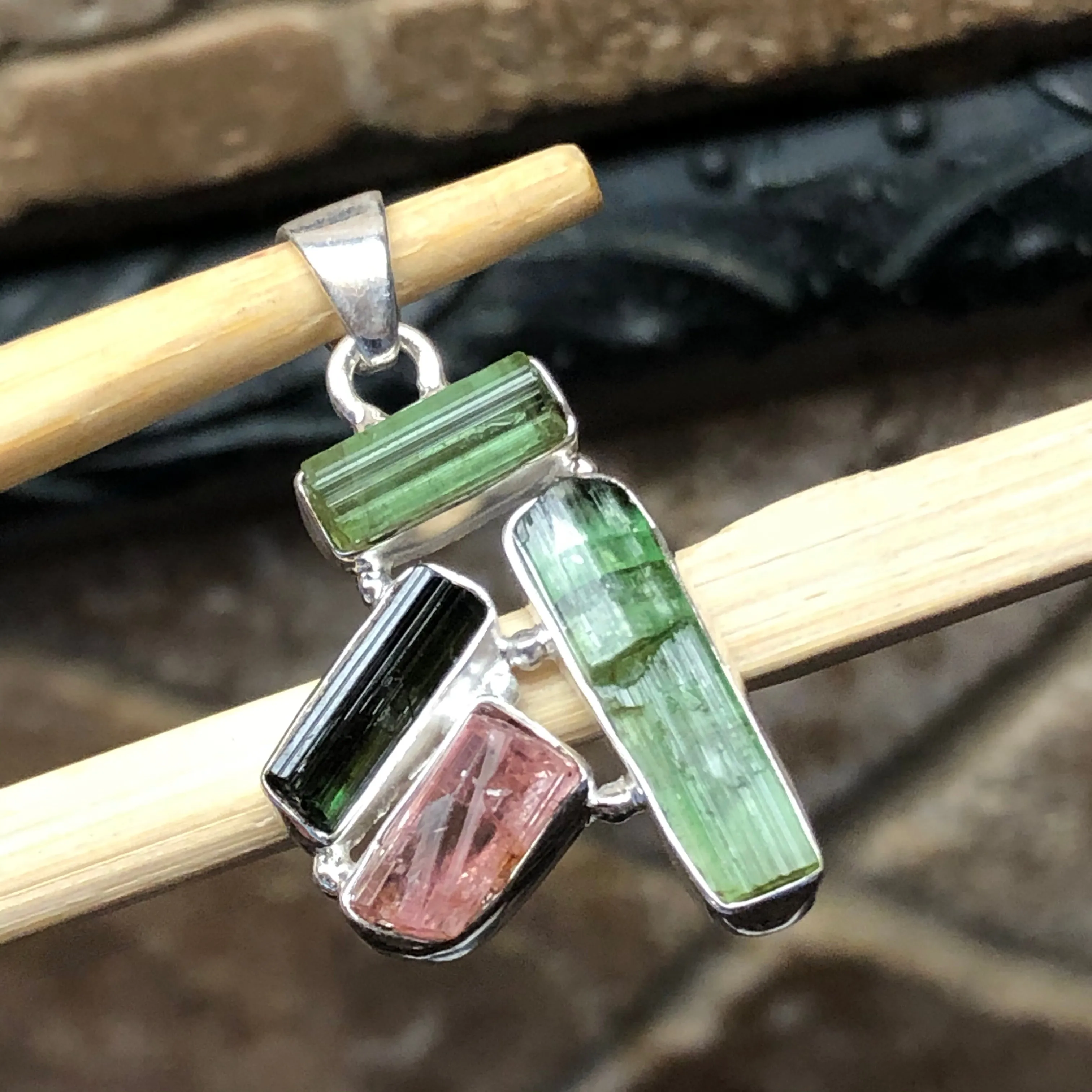 Natural Green Tourmaline, Rubellite Tourmaline 925 Sterling Silver Pendant 35mm