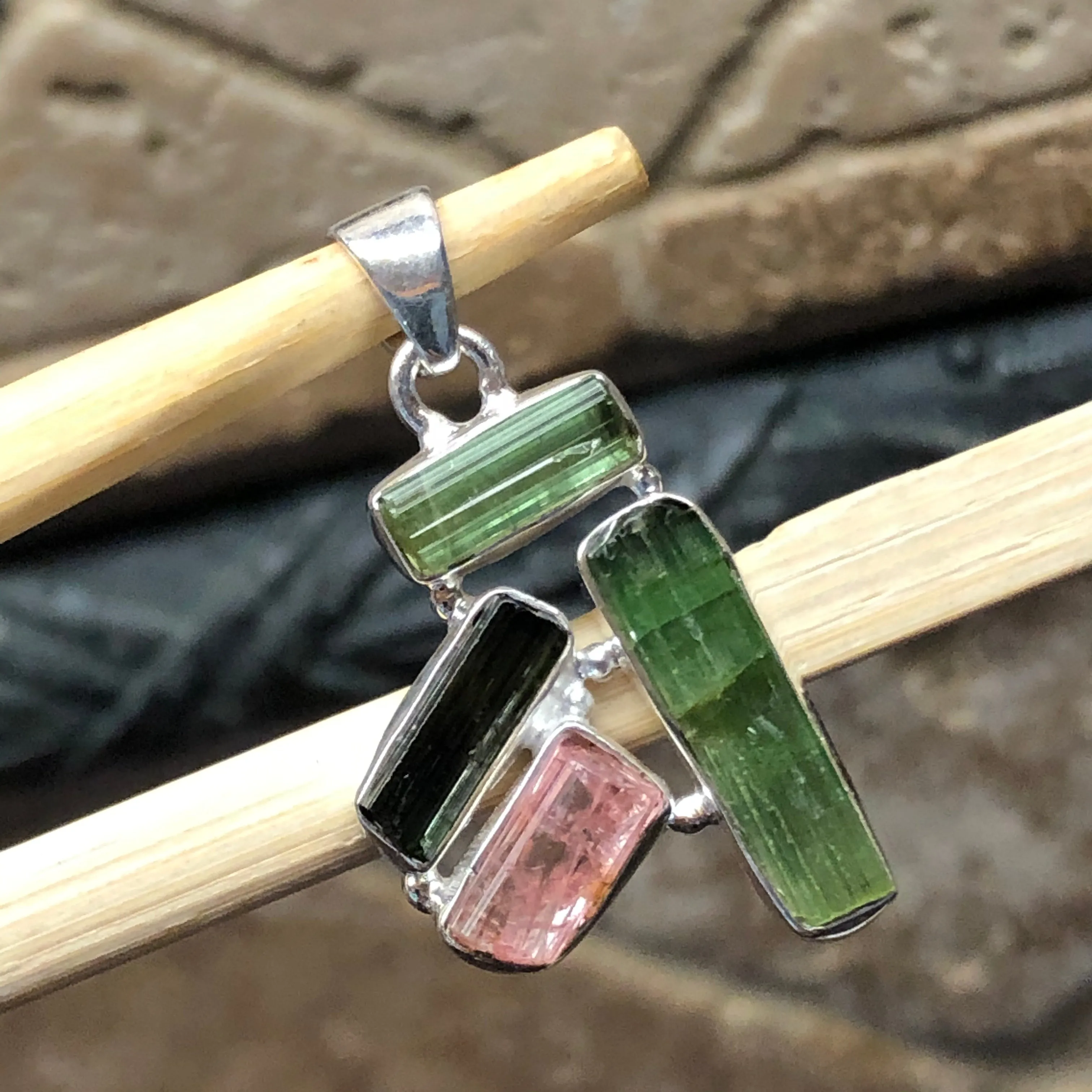 Natural Green Tourmaline, Rubellite Tourmaline 925 Sterling Silver Pendant 35mm
