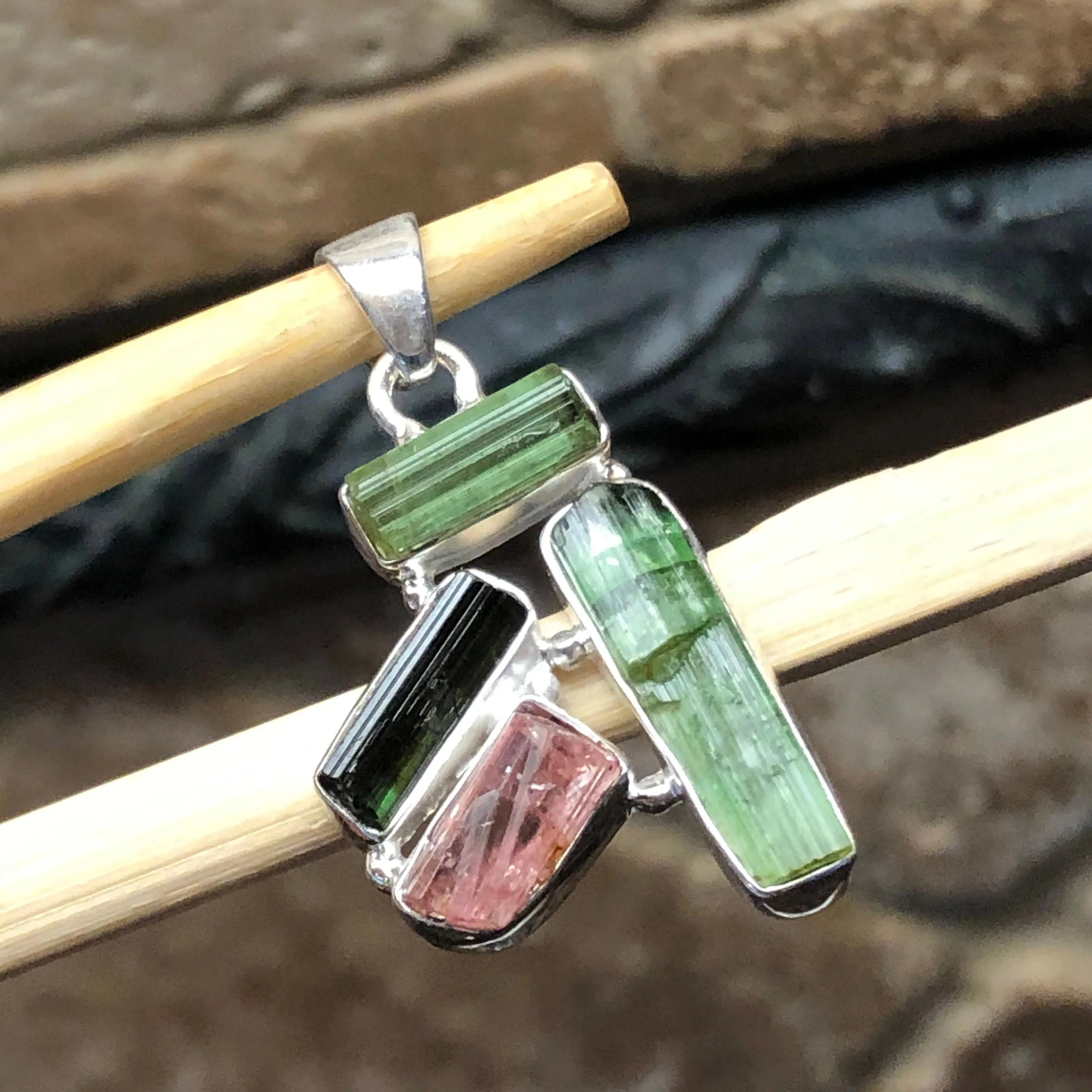 Natural Green Tourmaline, Rubellite Tourmaline 925 Sterling Silver Pendant 35mm