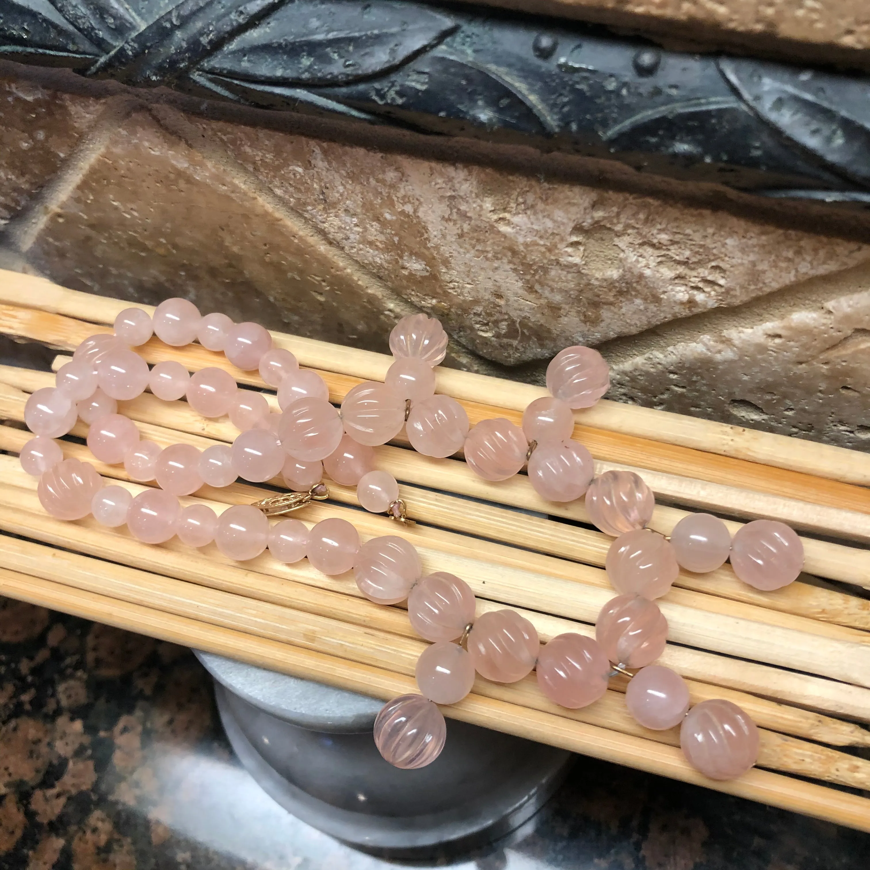 Natural Handcarved Pink Rose Quartz Necklace 18"