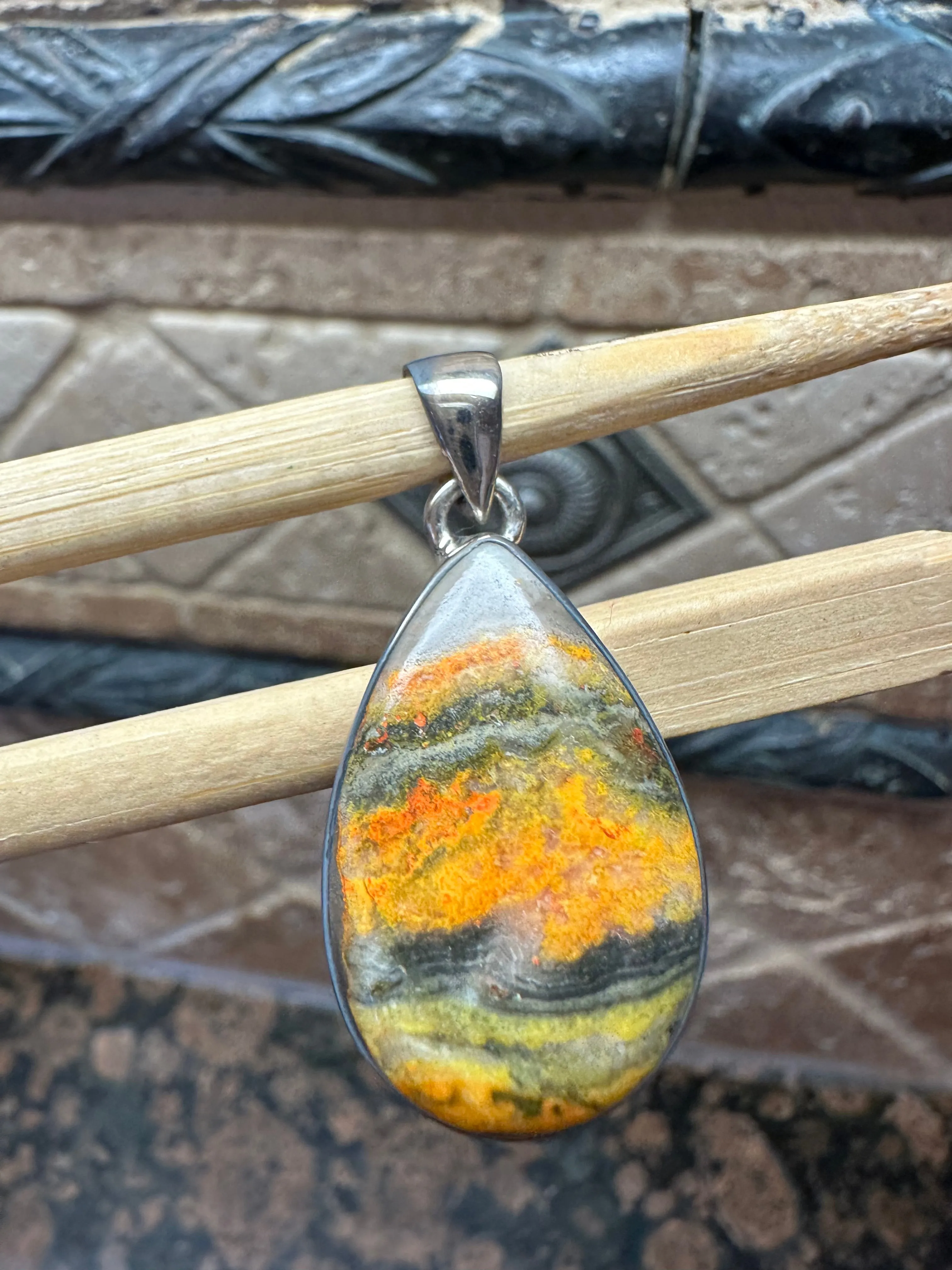Natural Indonesian Bumble Bee Jasper 925 Solid Sterling Silver Pendant 37mm