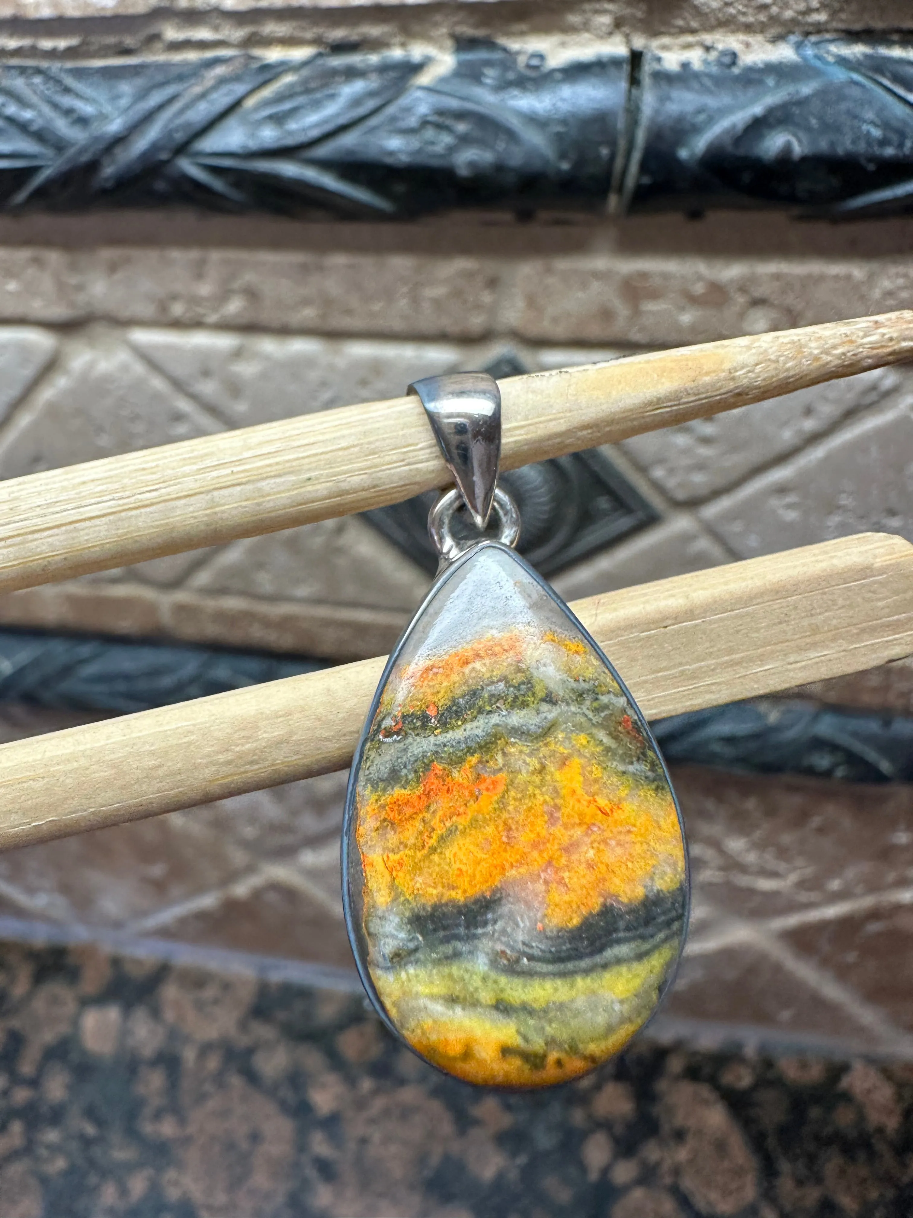 Natural Indonesian Bumble Bee Jasper 925 Solid Sterling Silver Pendant 37mm