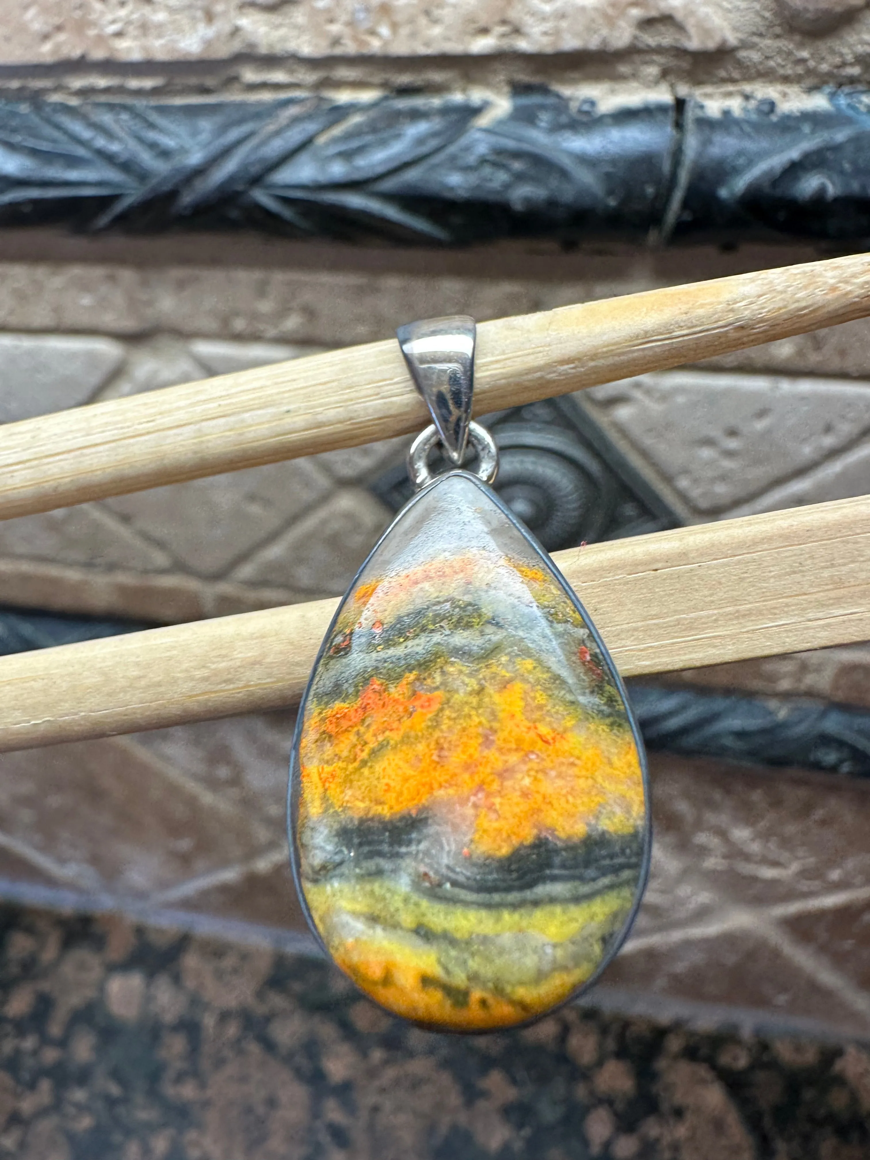 Natural Indonesian Bumble Bee Jasper 925 Solid Sterling Silver Pendant 37mm
