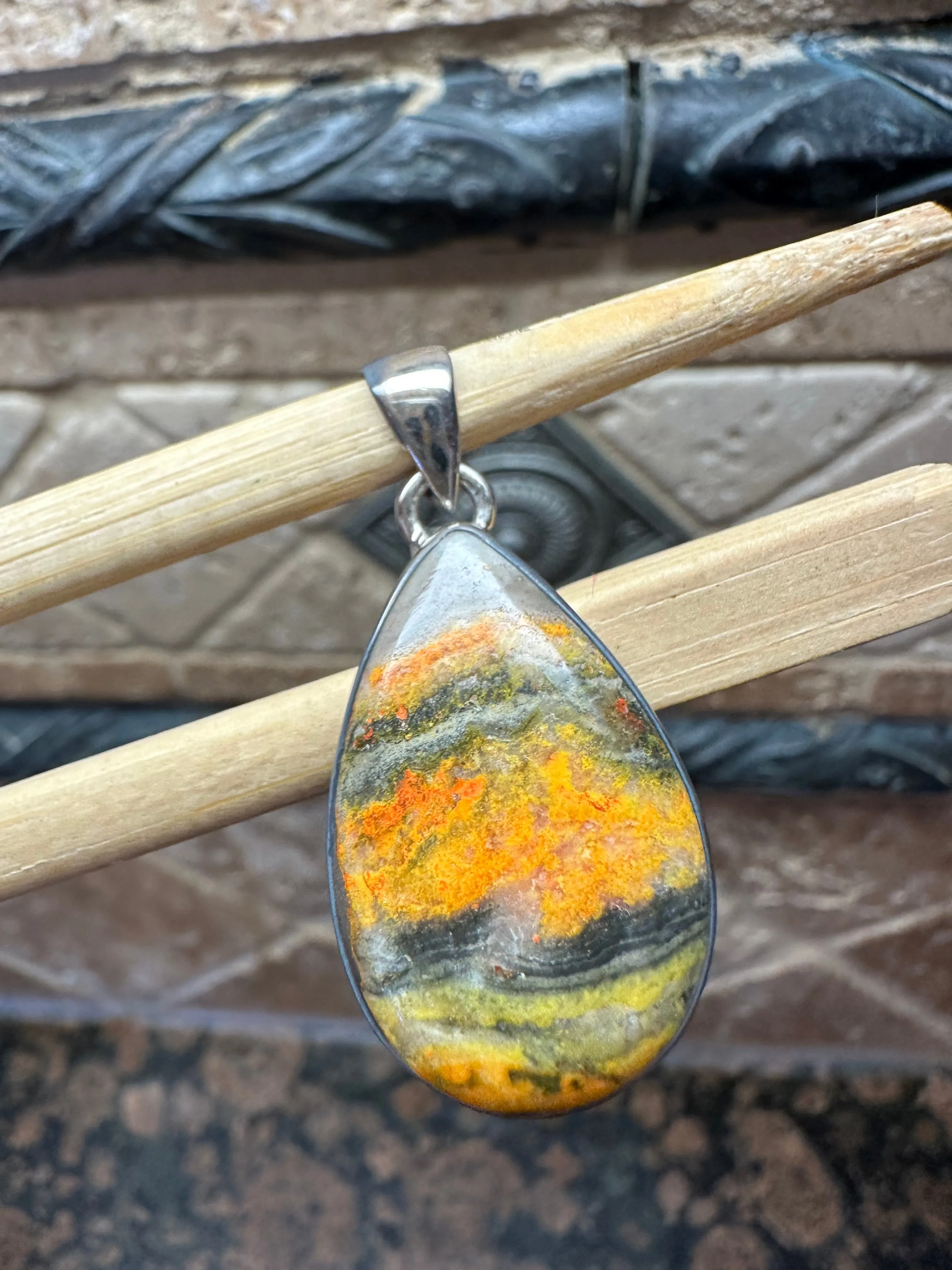 Natural Indonesian Bumble Bee Jasper 925 Solid Sterling Silver Pendant 37mm
