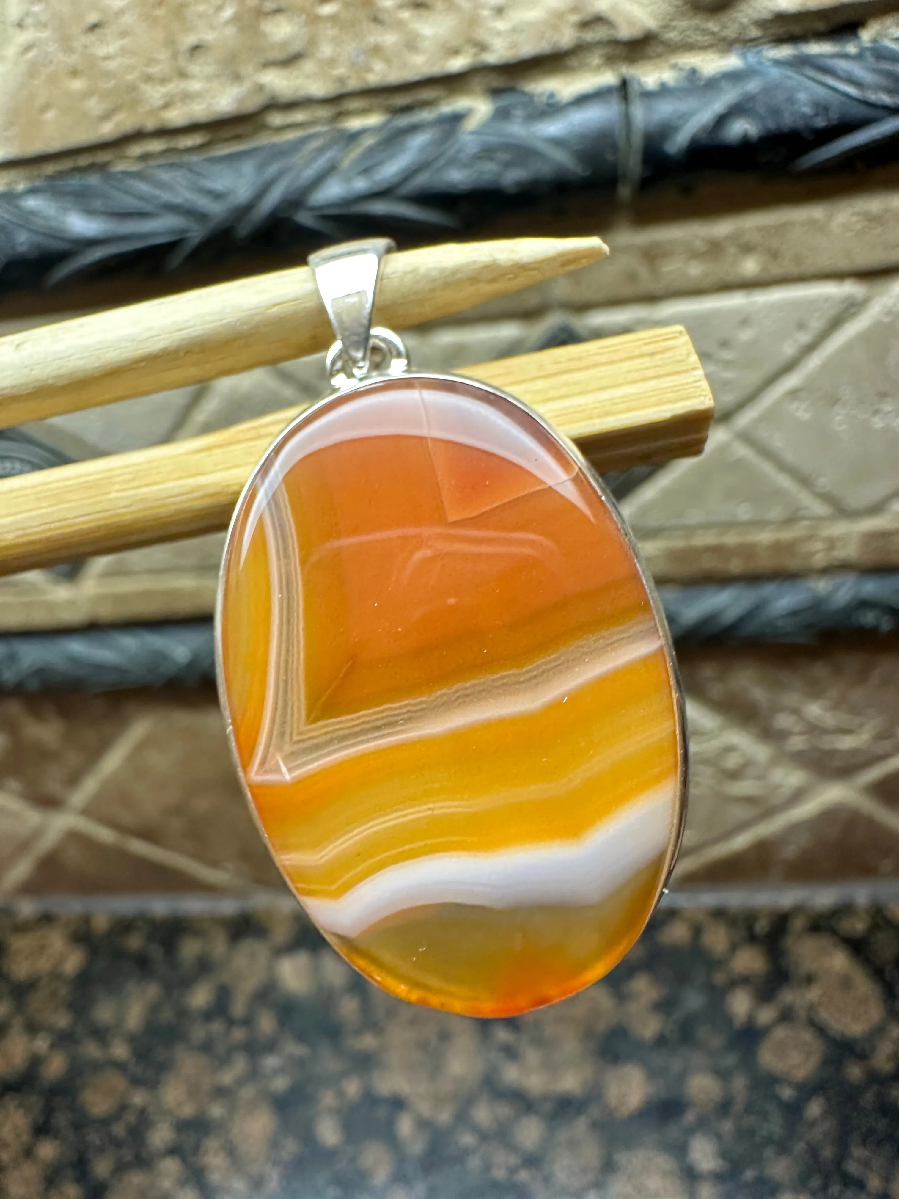 Natural Lake Superior Agate 925 Solid Sterling Silver Pendant 50mm