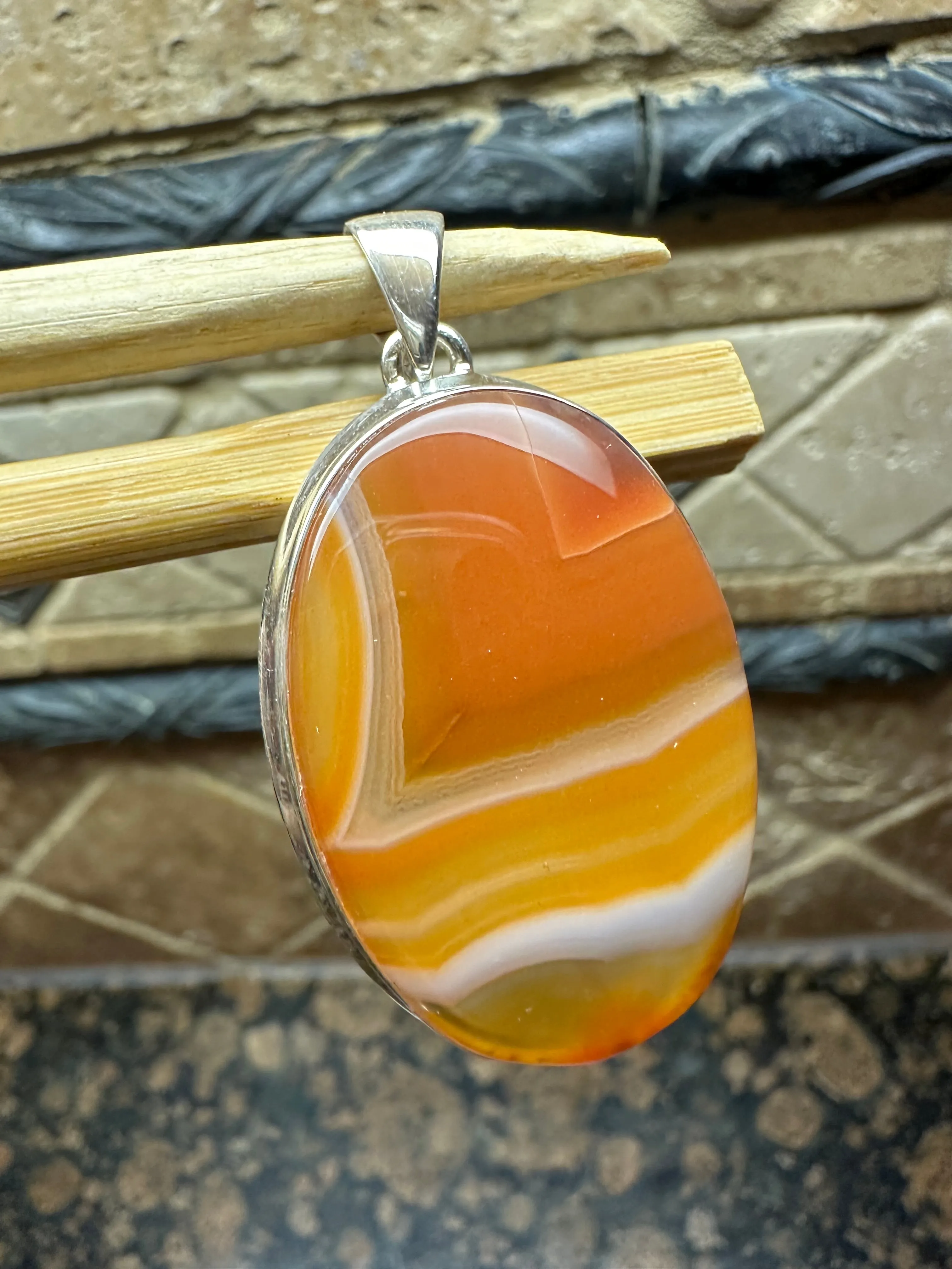 Natural Lake Superior Agate 925 Solid Sterling Silver Pendant 50mm