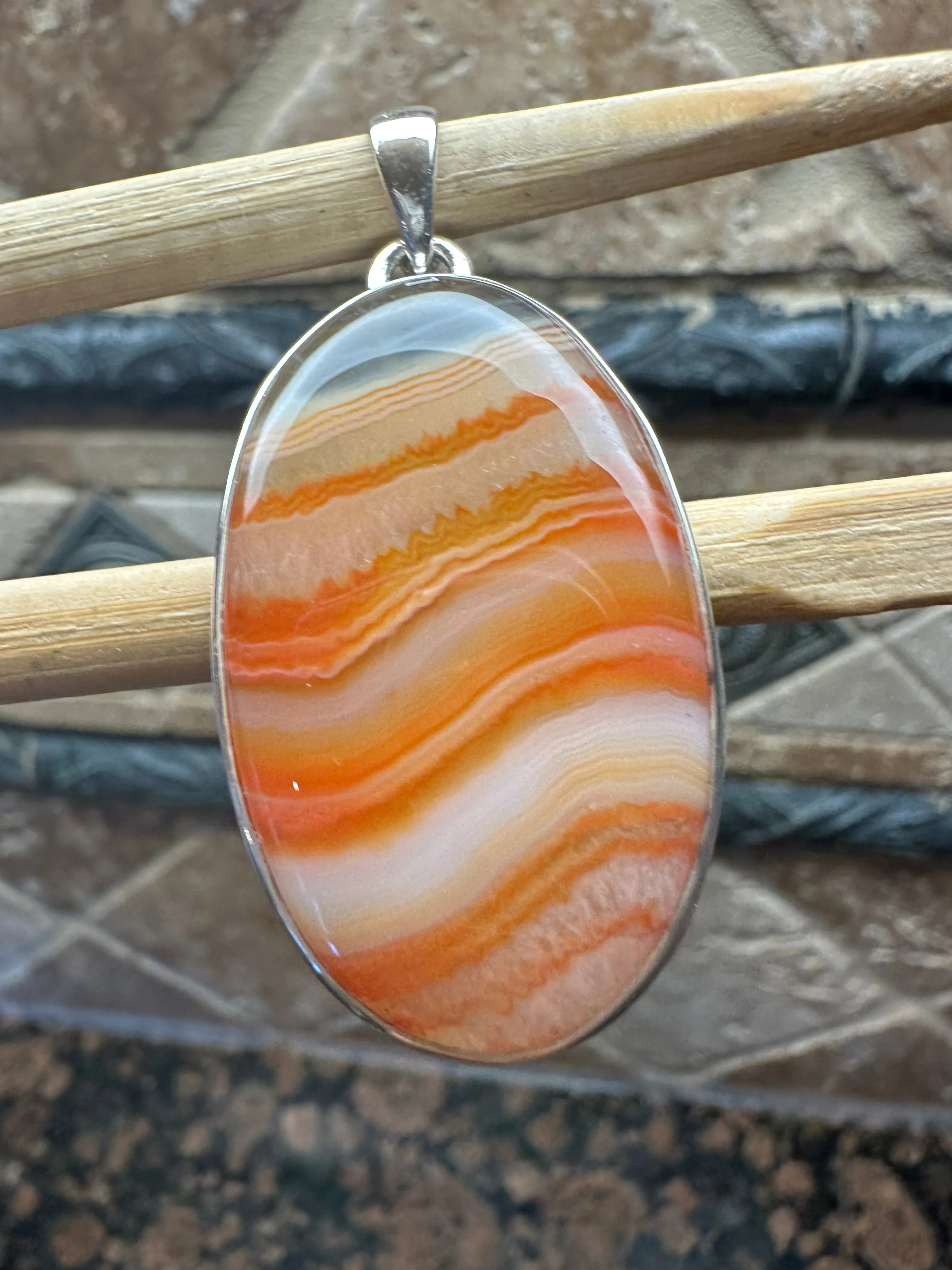 Natural Lake Superior Agate 925 Solid Sterling Silver Pendant 50mm