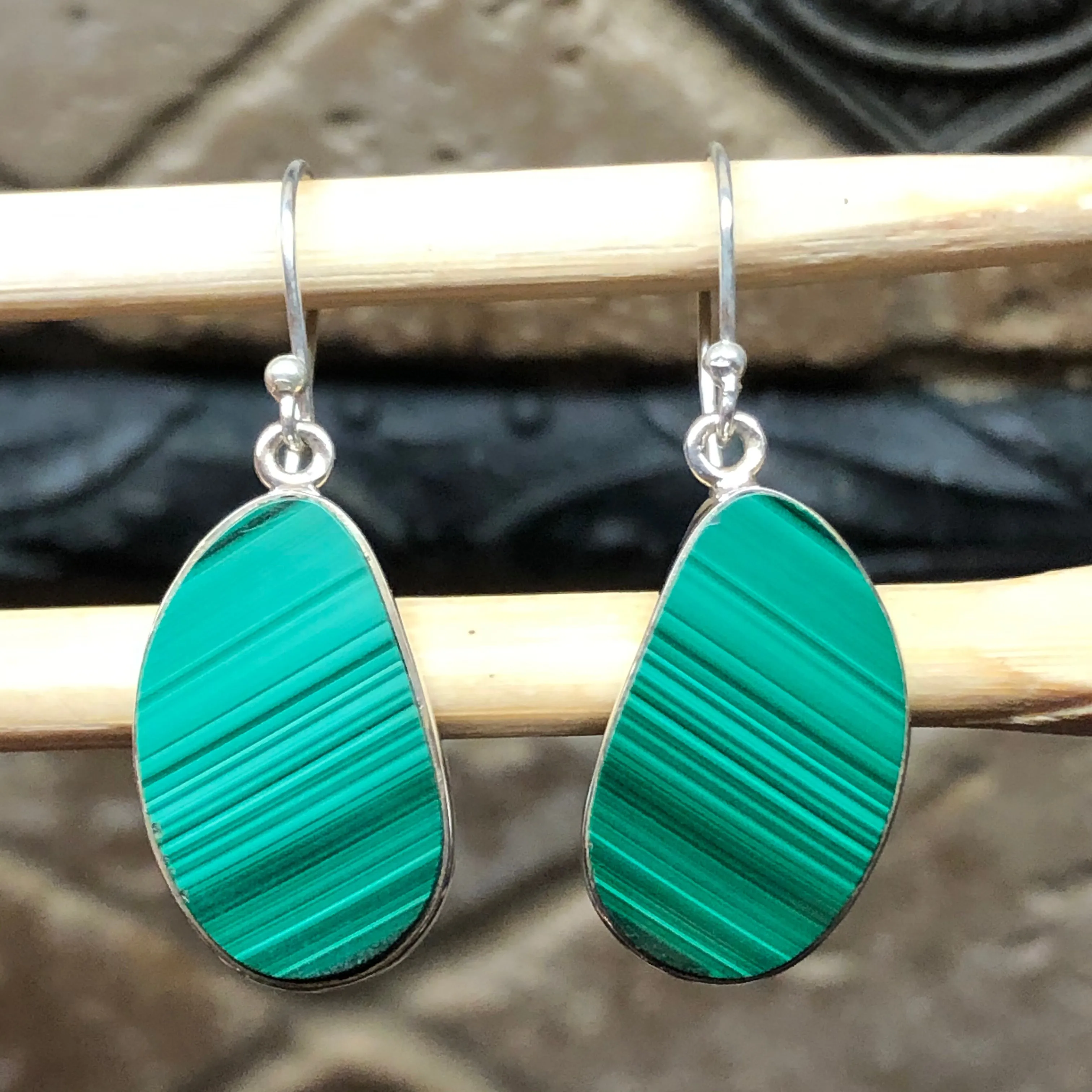 Natural Malachite 925 Solid Sterling Silver Earrings 35mm