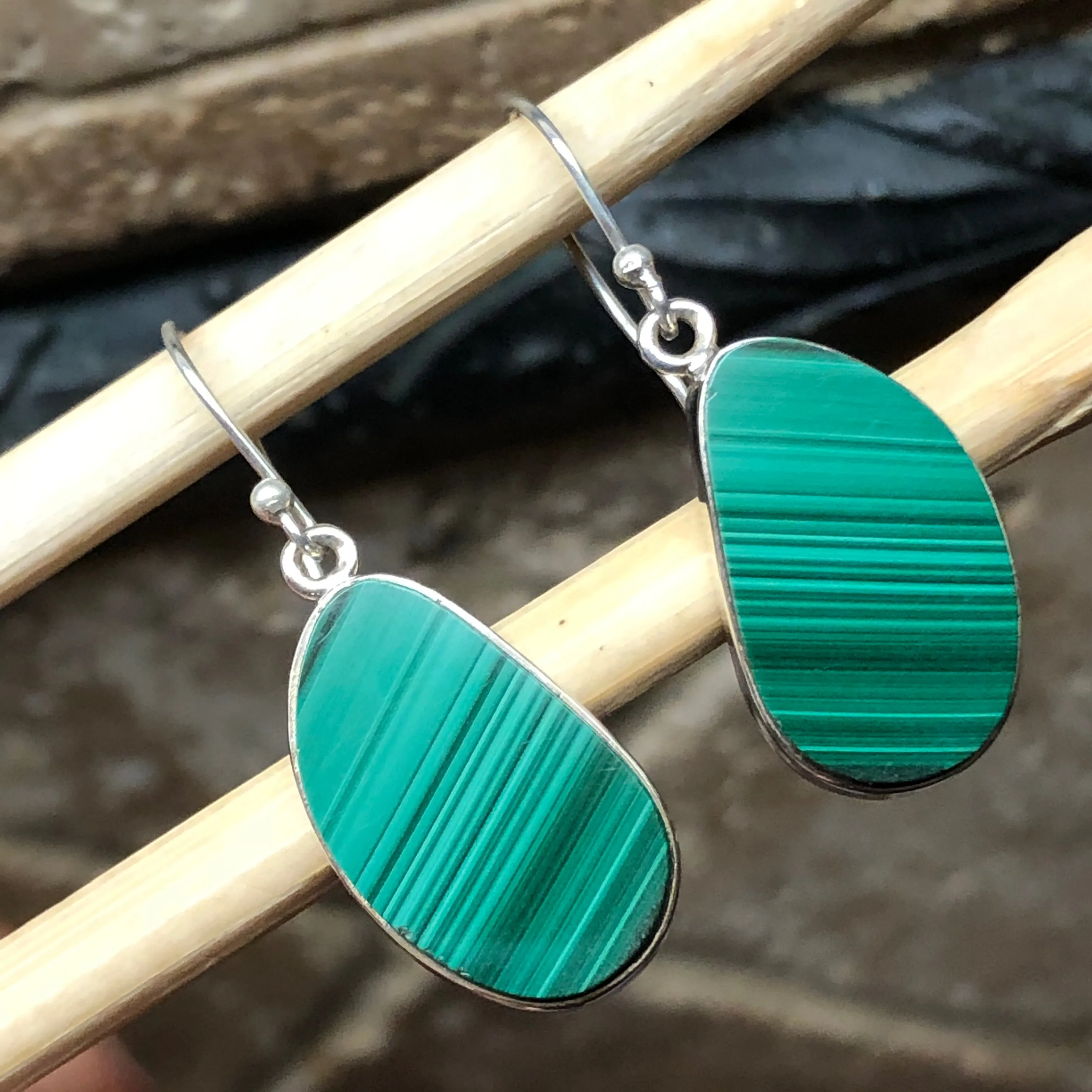 Natural Malachite 925 Solid Sterling Silver Earrings 35mm