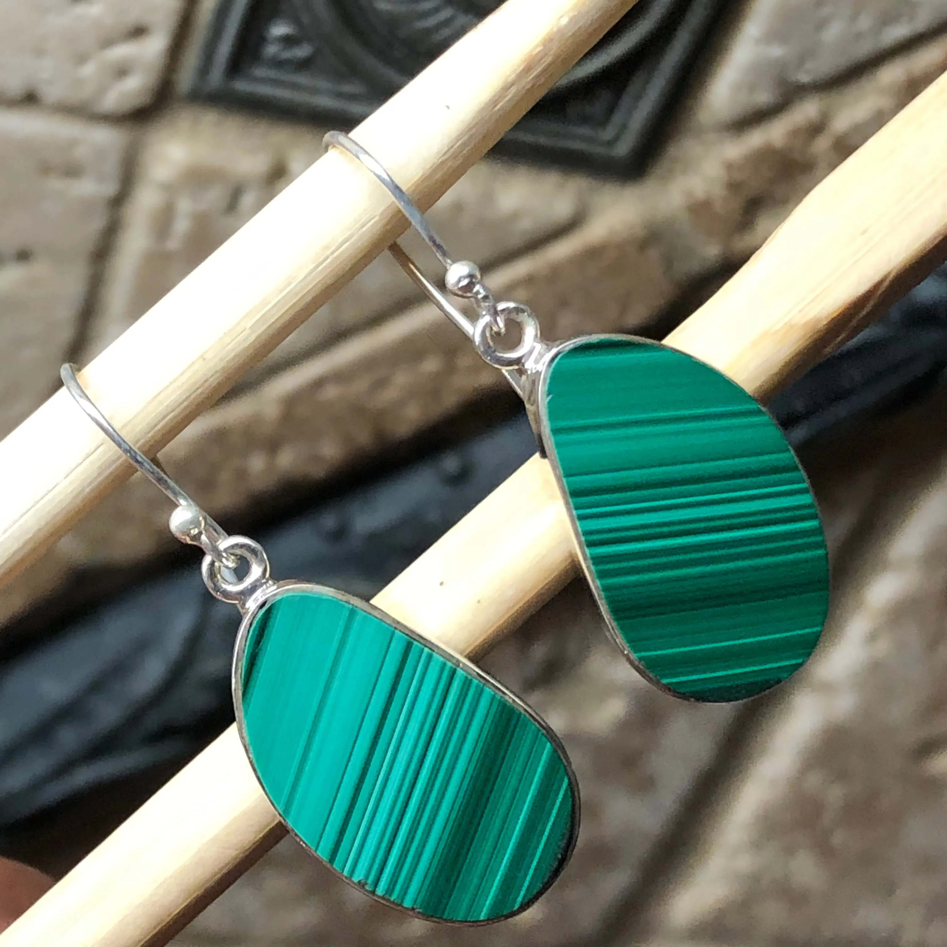 Natural Malachite 925 Solid Sterling Silver Earrings 35mm