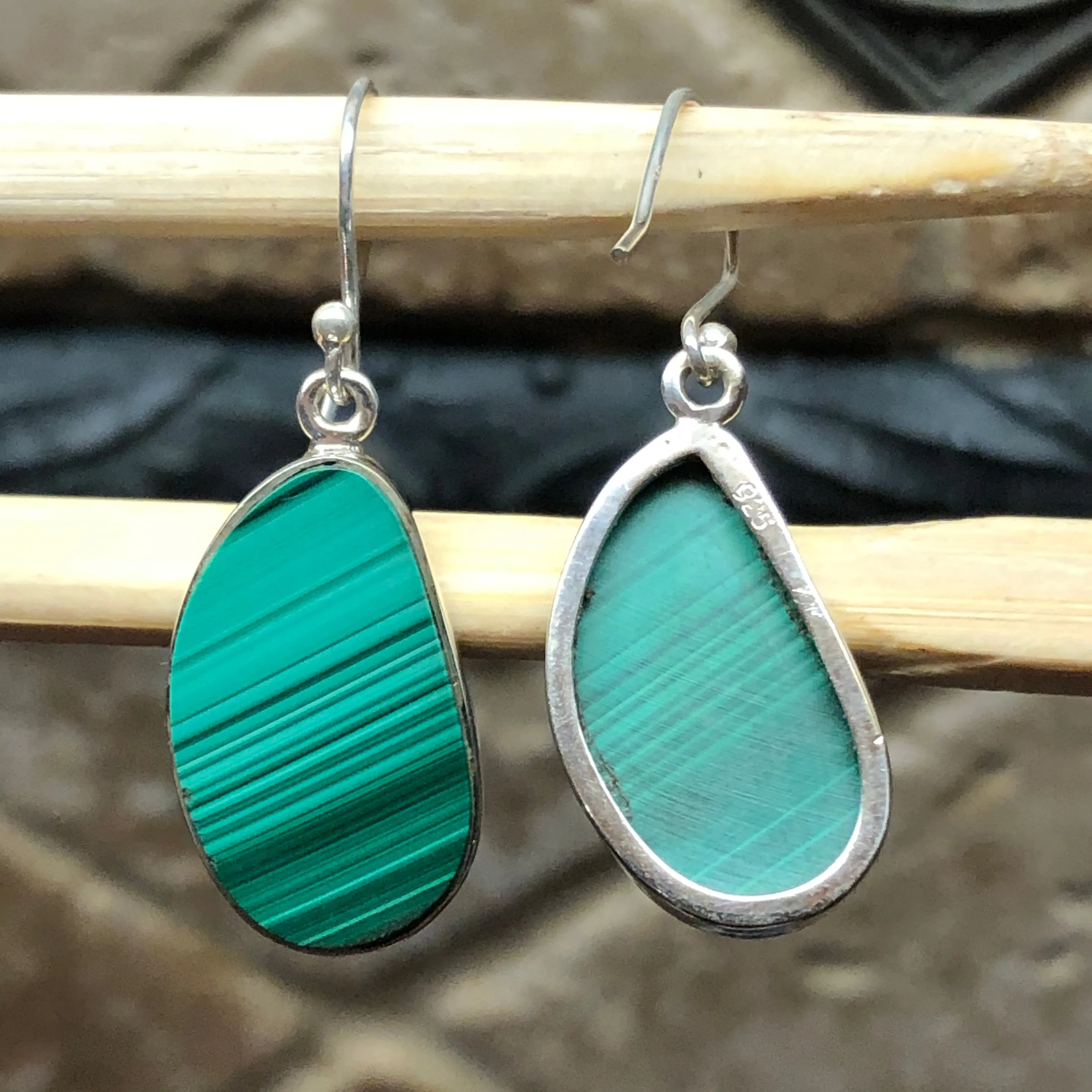 Natural Malachite 925 Solid Sterling Silver Earrings 35mm