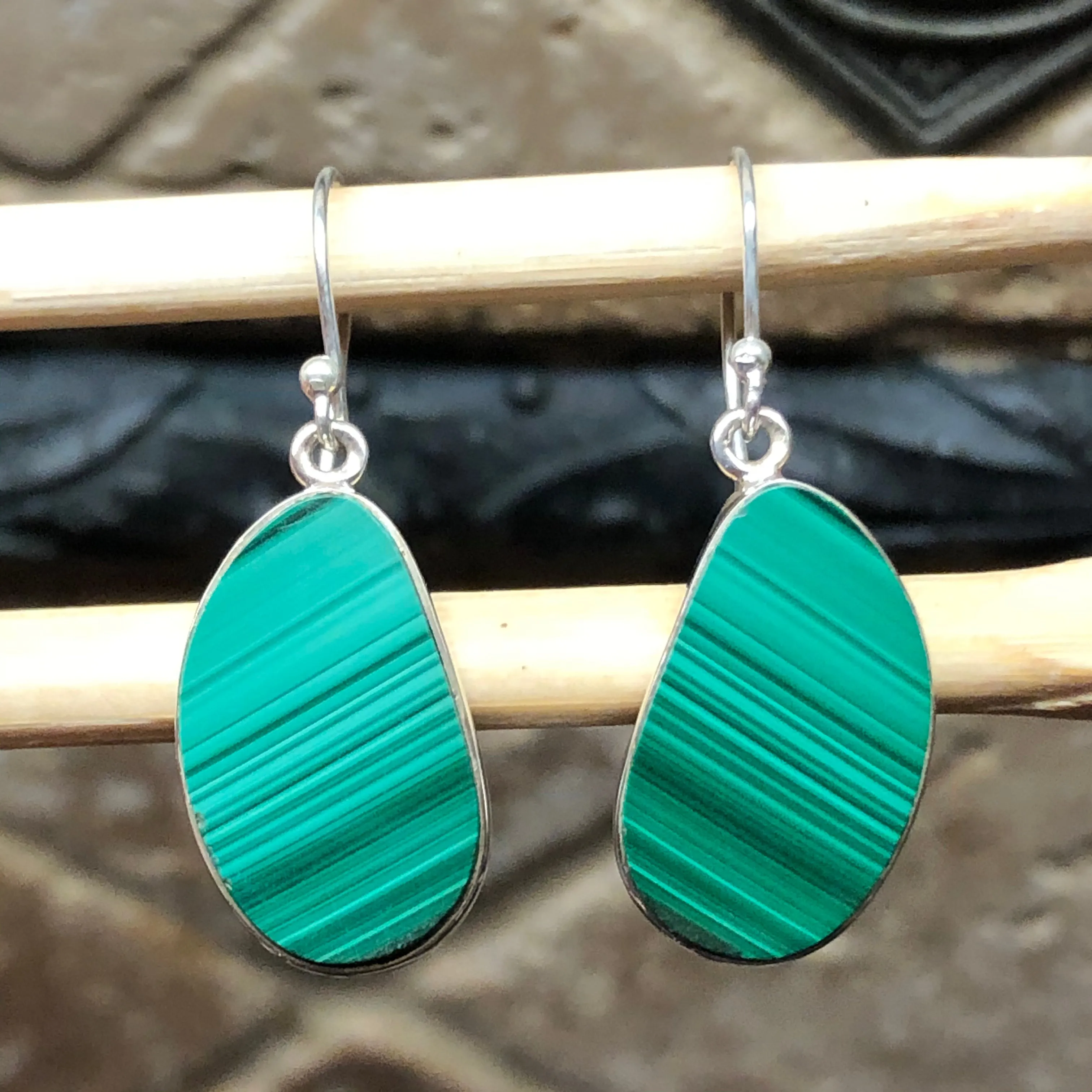 Natural Malachite 925 Solid Sterling Silver Earrings 35mm