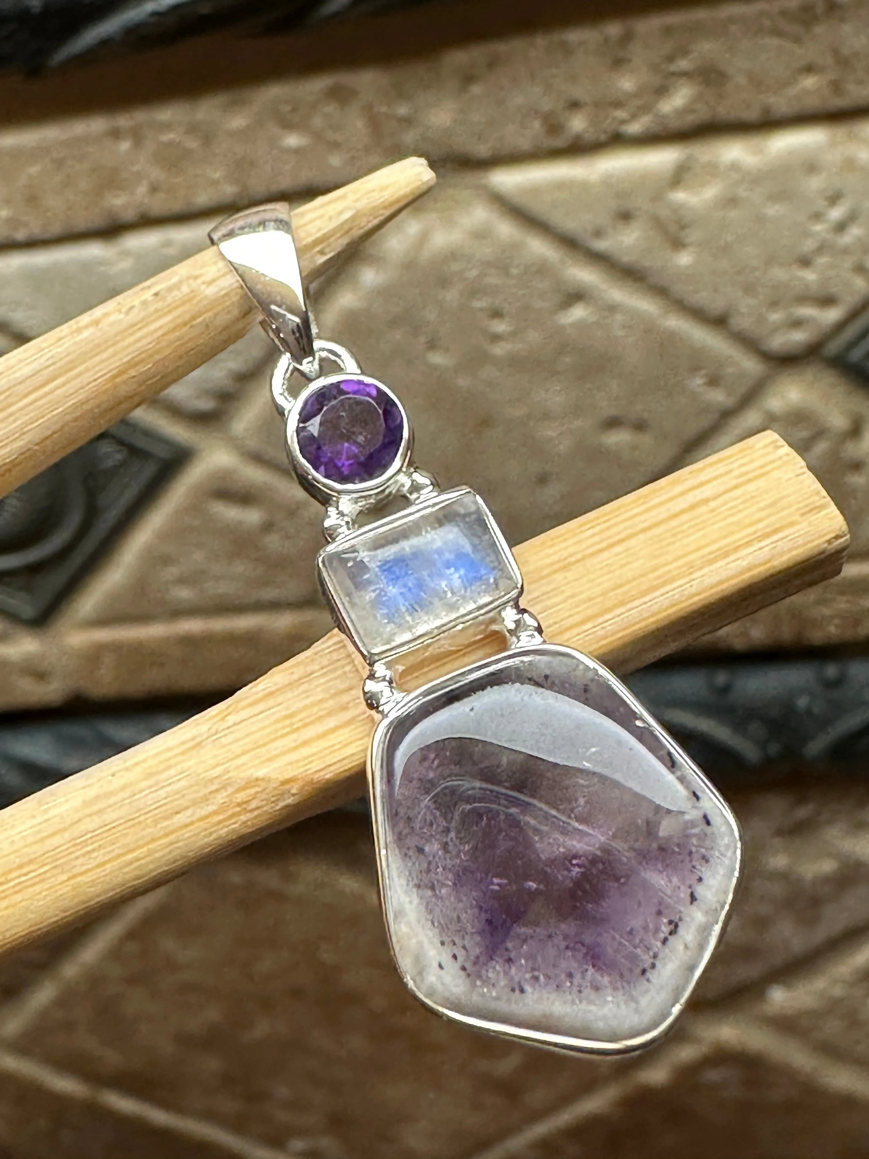 Natural  Moonstone, Auralite 23 Crystal, Amethyst 925 Solid Sterling Silver Pendant 37mm