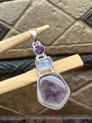 Natural  Moonstone, Auralite 23 Crystal, Amethyst 925 Solid Sterling Silver Pendant 37mm
