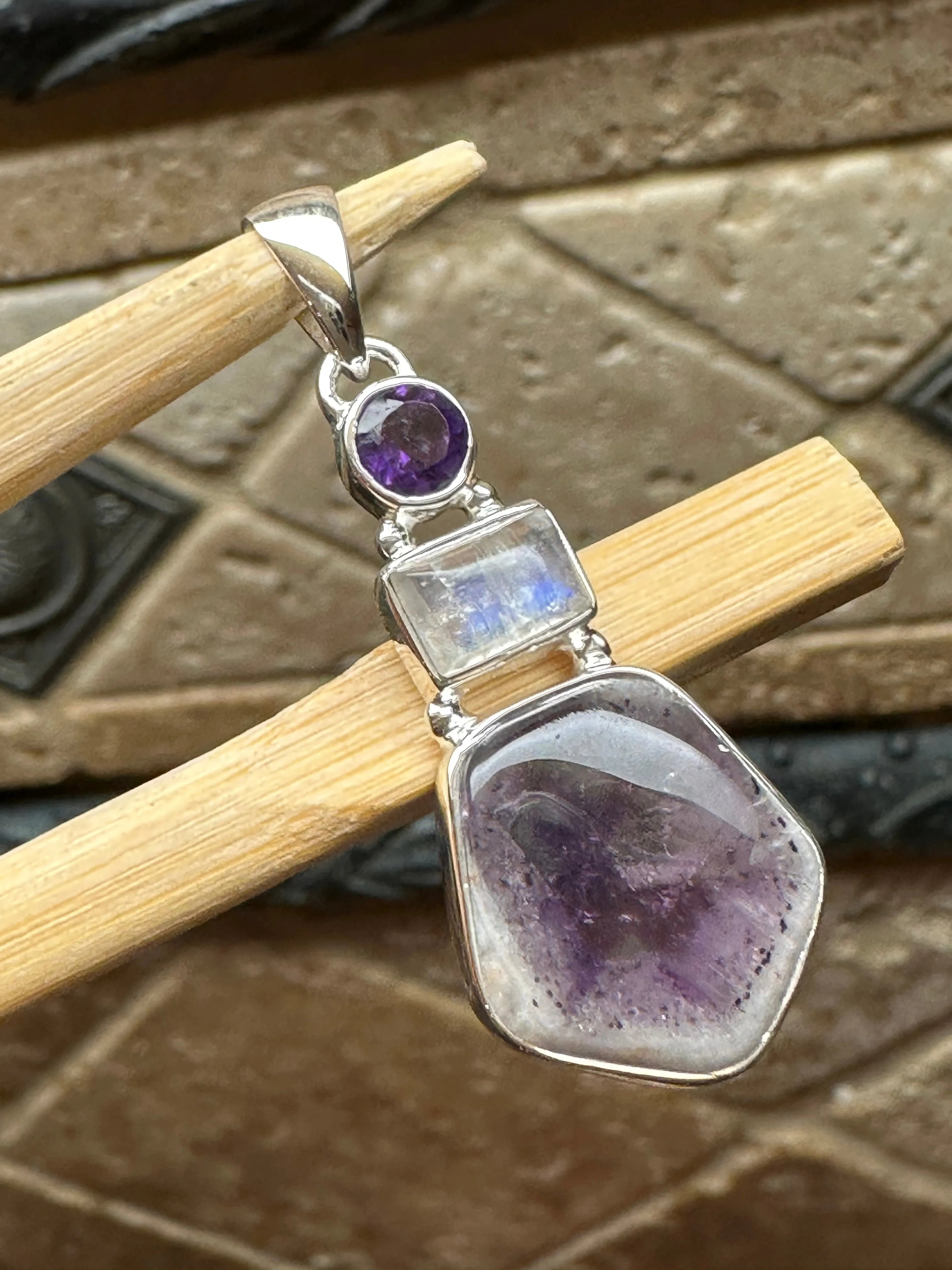 Natural  Moonstone, Auralite 23 Crystal, Amethyst 925 Solid Sterling Silver Pendant 37mm