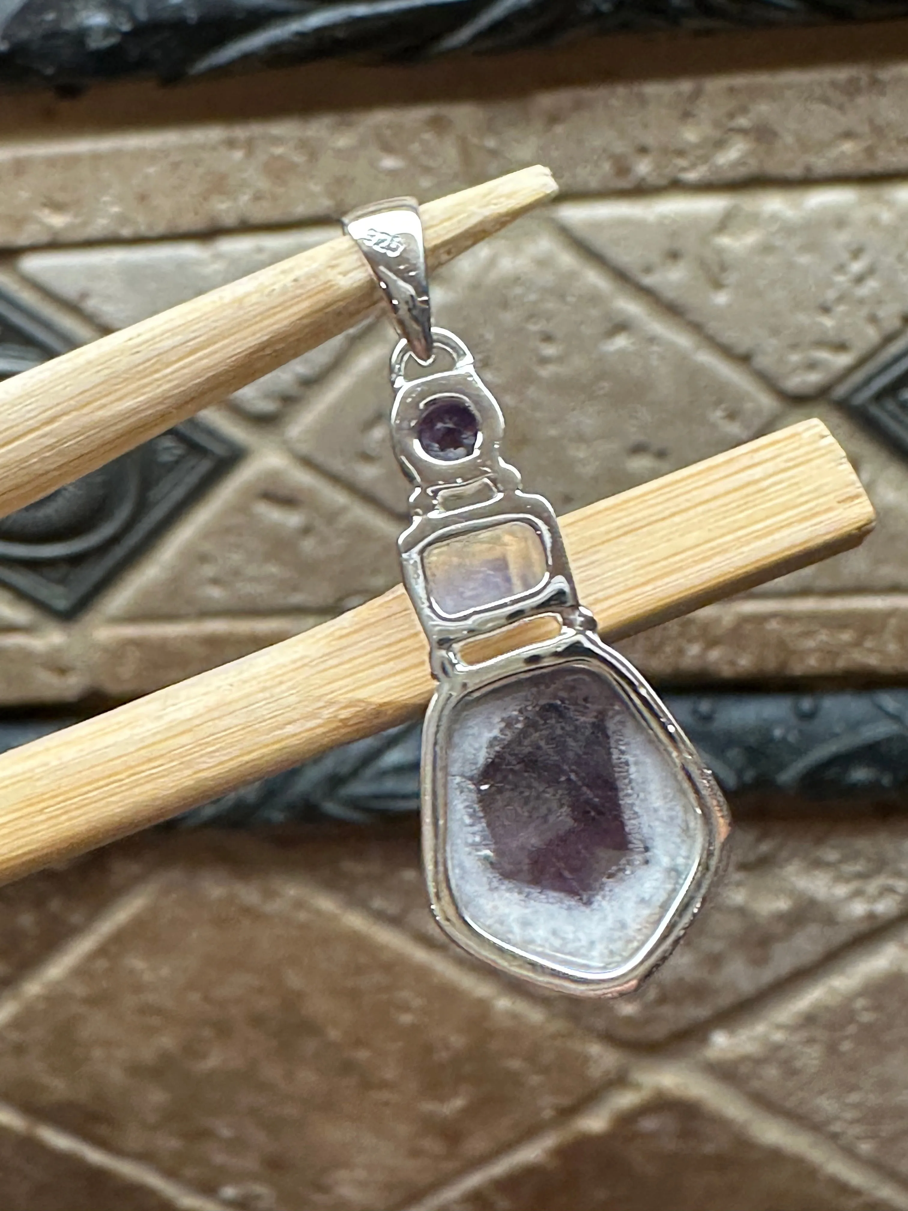 Natural  Moonstone, Auralite 23 Crystal, Amethyst 925 Solid Sterling Silver Pendant 37mm