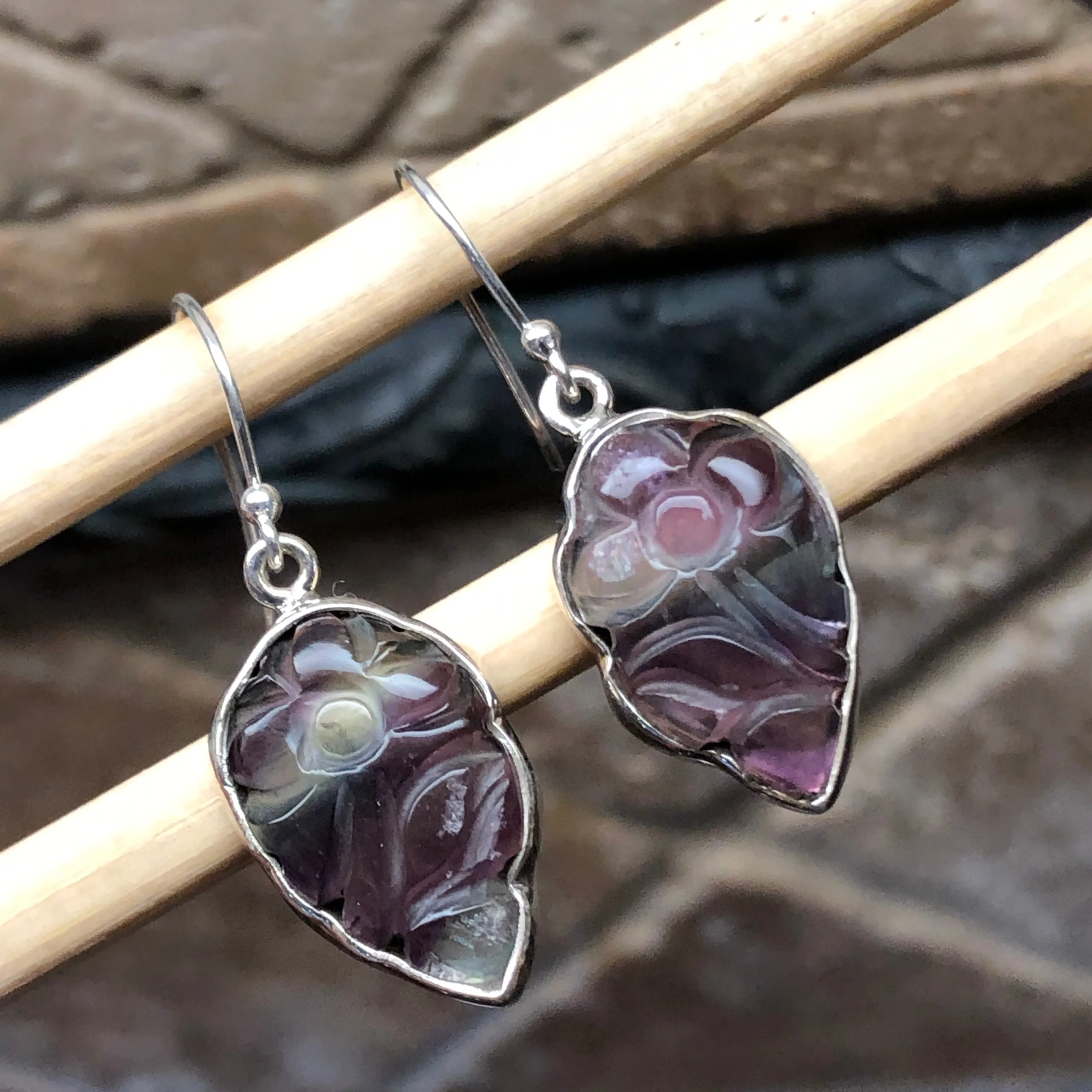 Natural Multi Fluorite 925 Solid Sterling Silver Earrings 35mm
