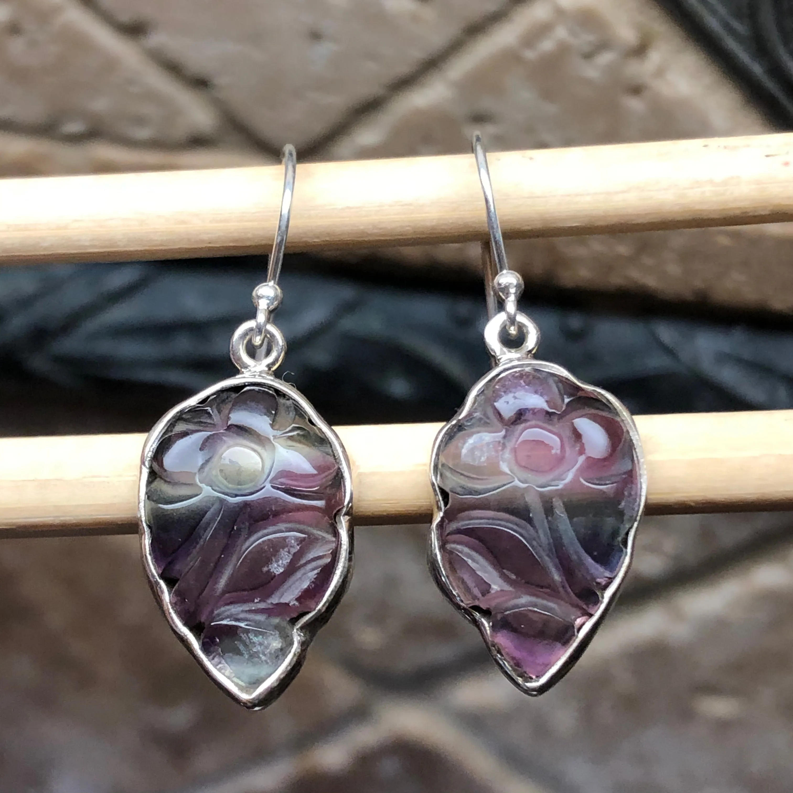 Natural Multi Fluorite 925 Solid Sterling Silver Earrings 35mm