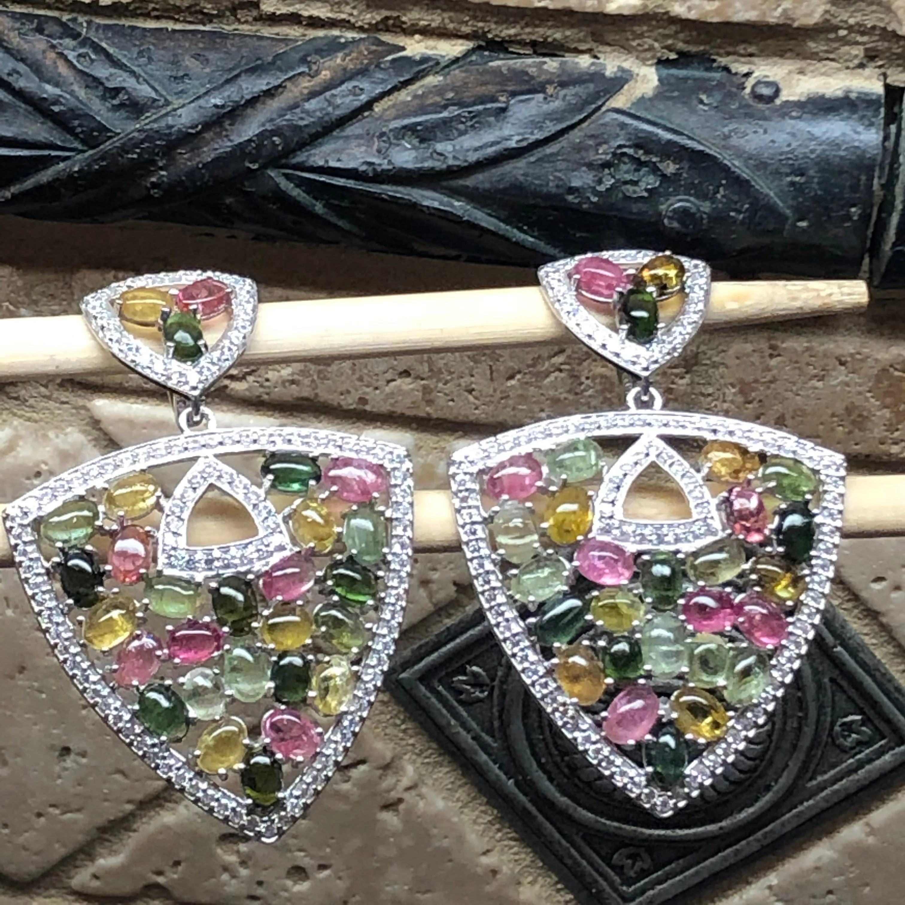 Natural Multicolor Tourmaline 925 Solid Sterling Silver Earrings 60mm