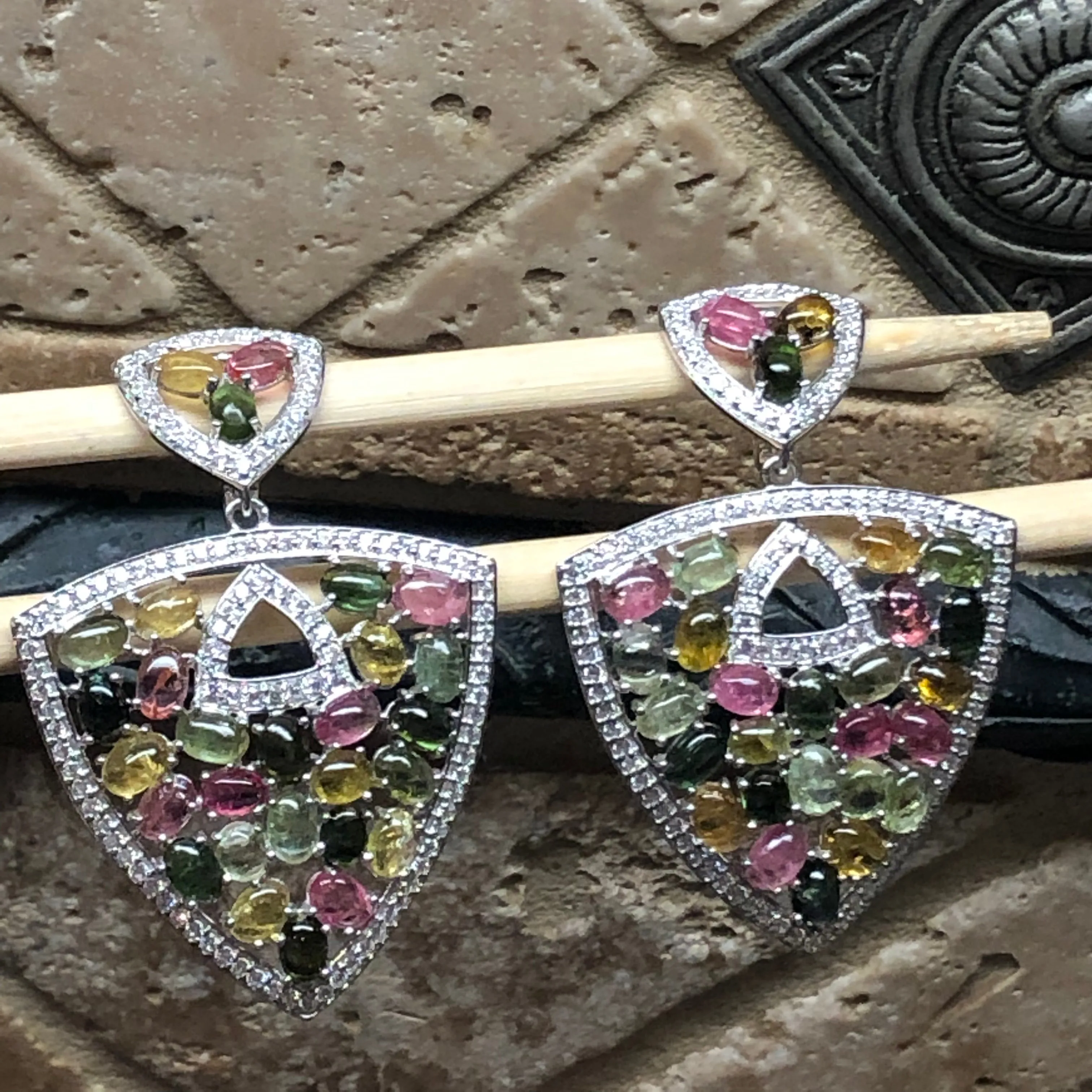 Natural Multicolor Tourmaline 925 Solid Sterling Silver Earrings 60mm