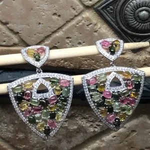 Natural Multicolor Tourmaline 925 Solid Sterling Silver Earrings 60mm