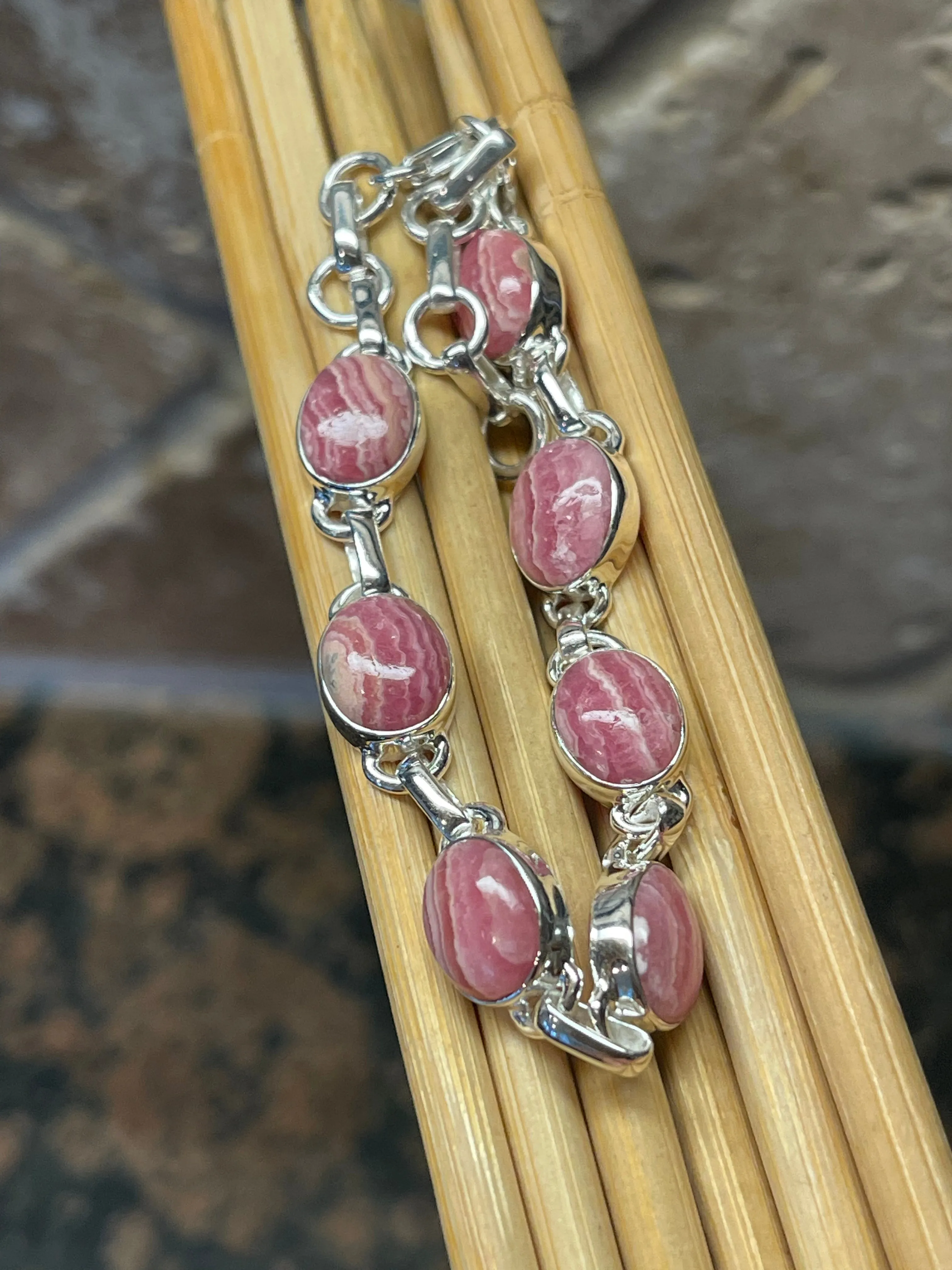 Natural Pink Rhodocrosite 925 Solid Sterling Silver Bracelets 7"