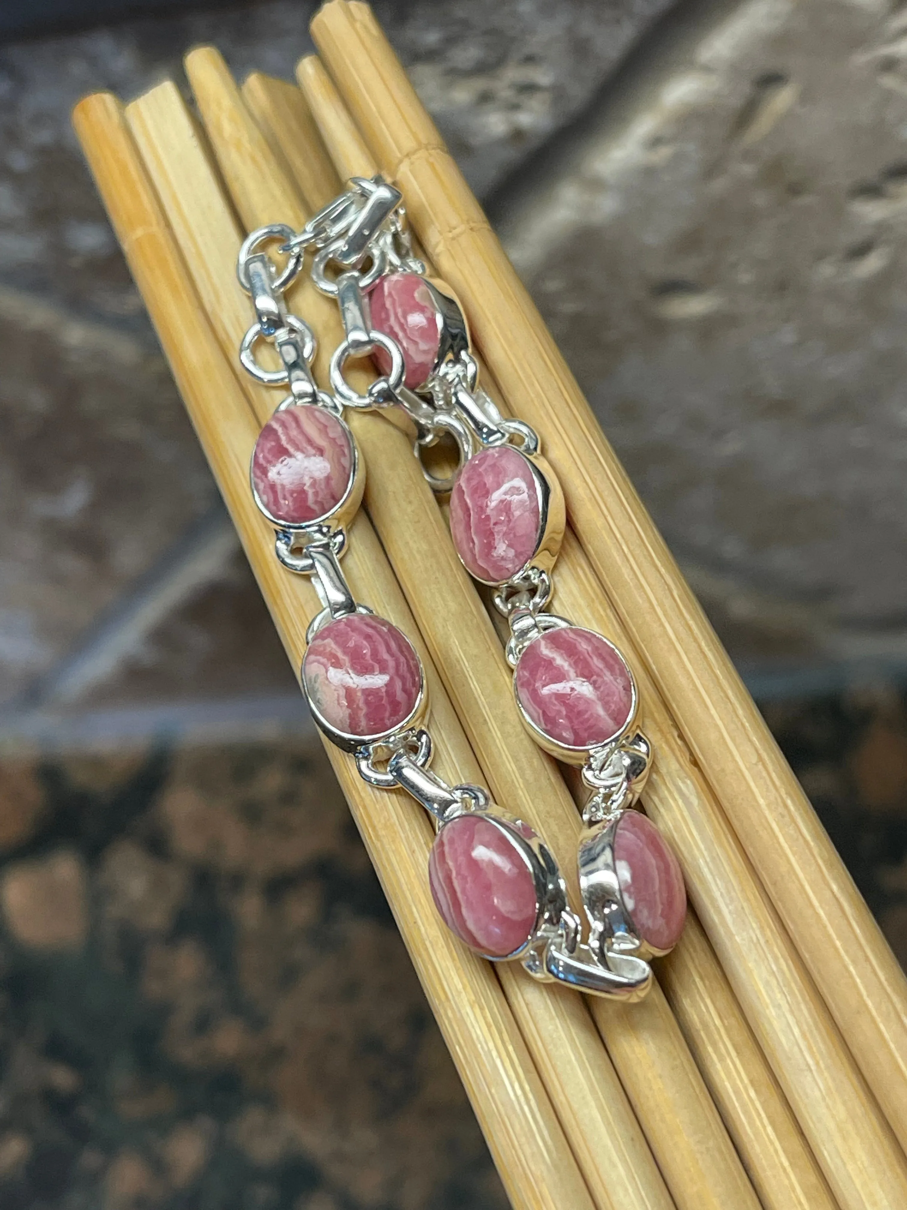 Natural Pink Rhodocrosite 925 Solid Sterling Silver Bracelets 7"