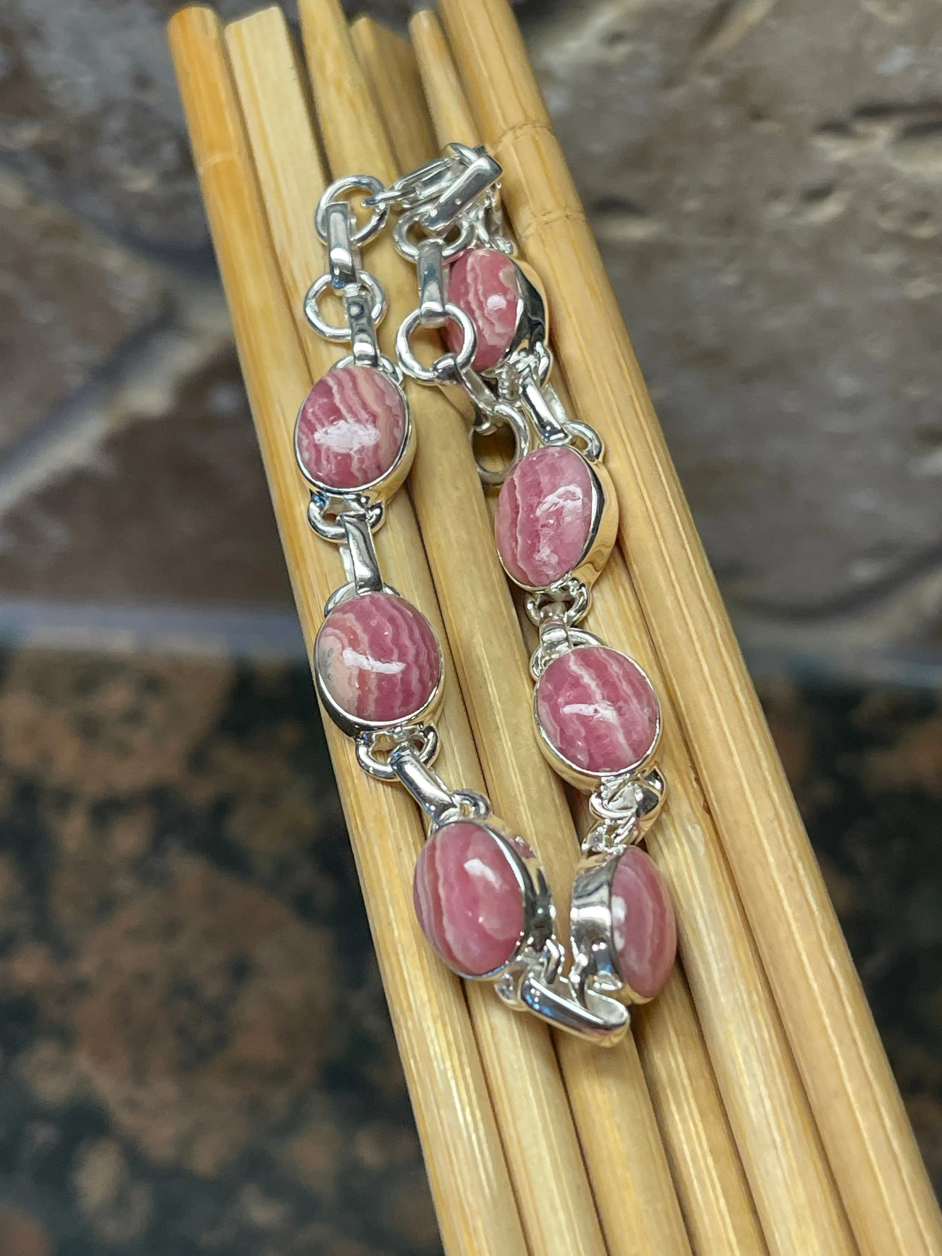 Natural Pink Rhodocrosite 925 Solid Sterling Silver Bracelets 7"