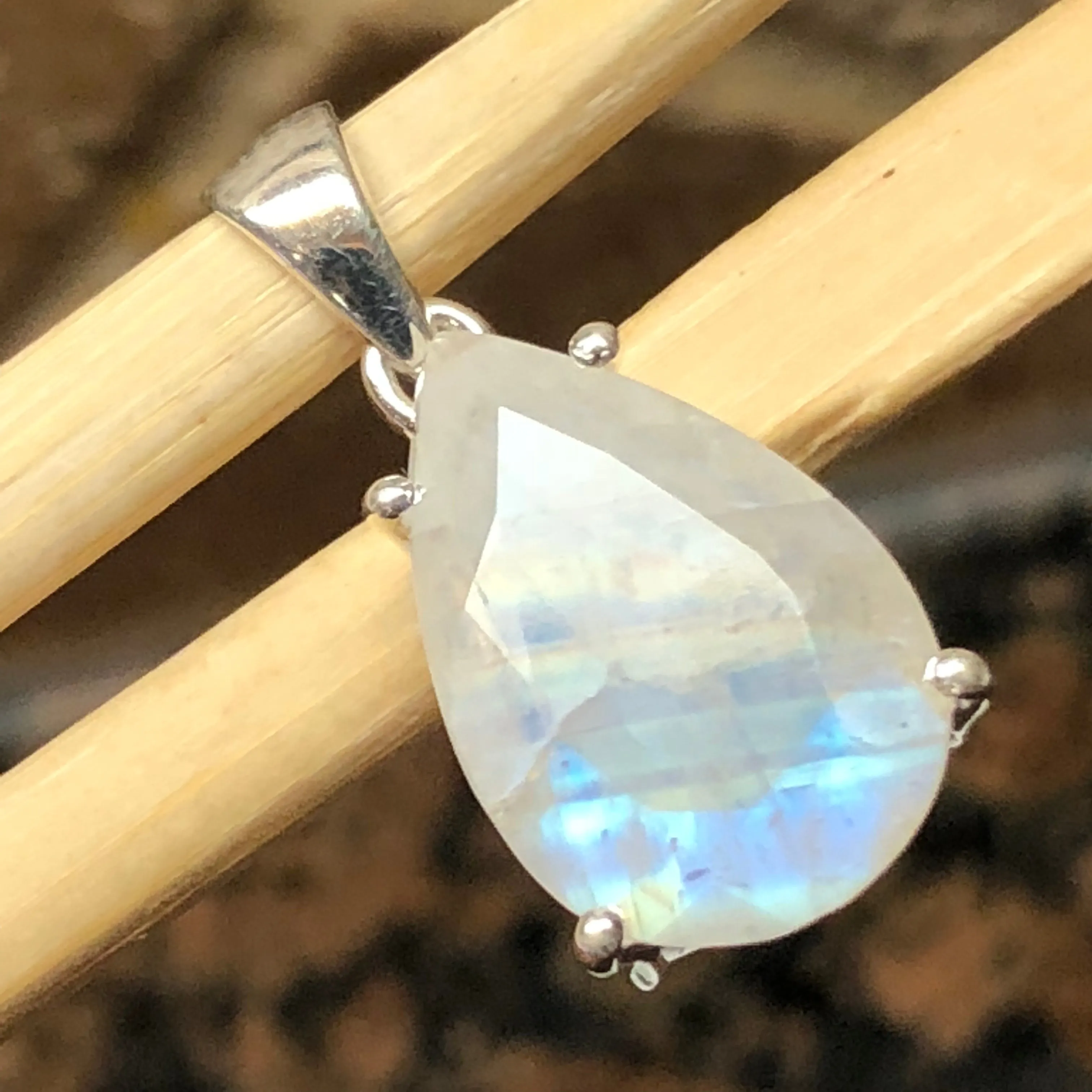 Natural Rainbow Moonstone 925 Solid Sterling Silver Pendant 30mm