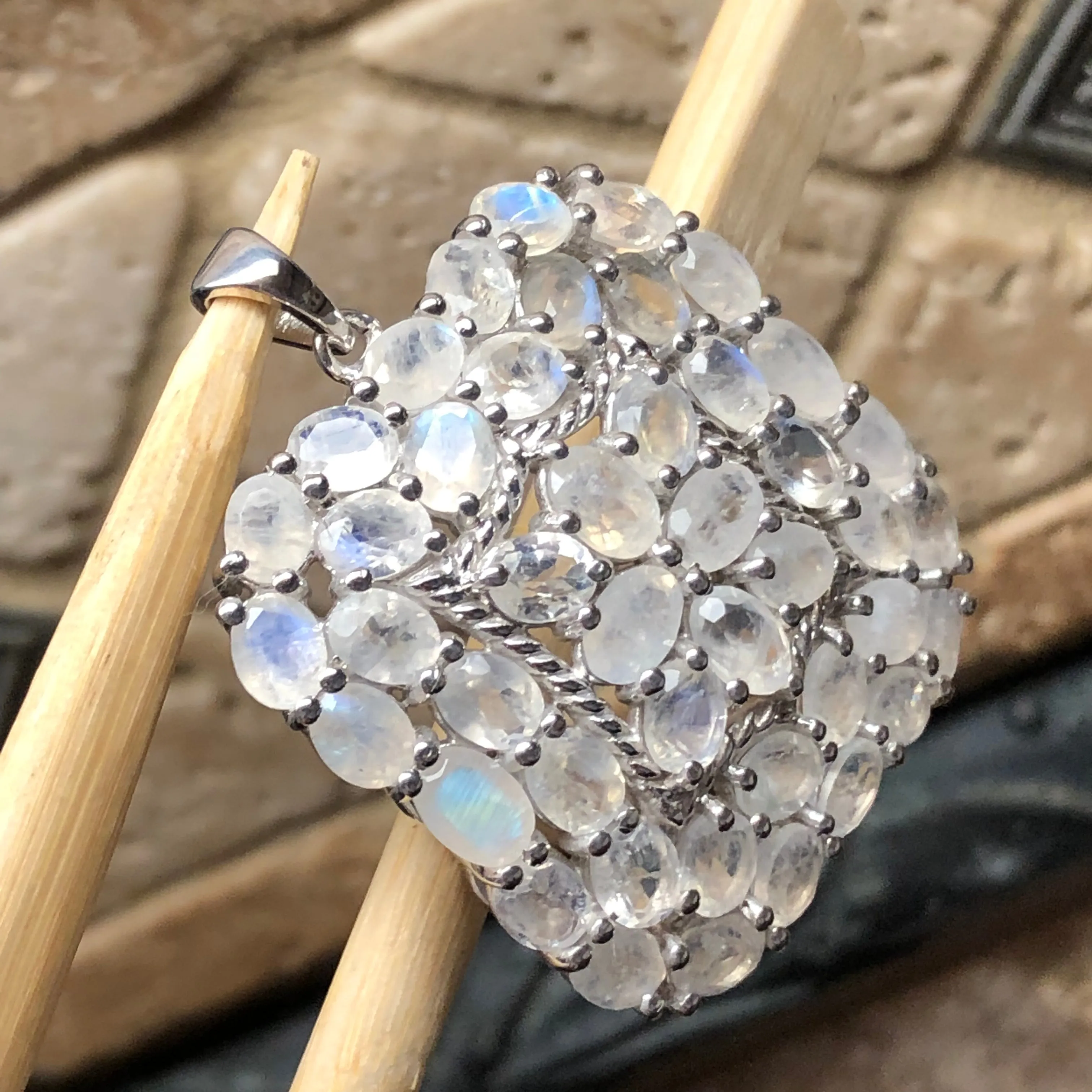 Natural Rainbow Moonstone 925 Solid Sterling Silver Pendant 40mm
