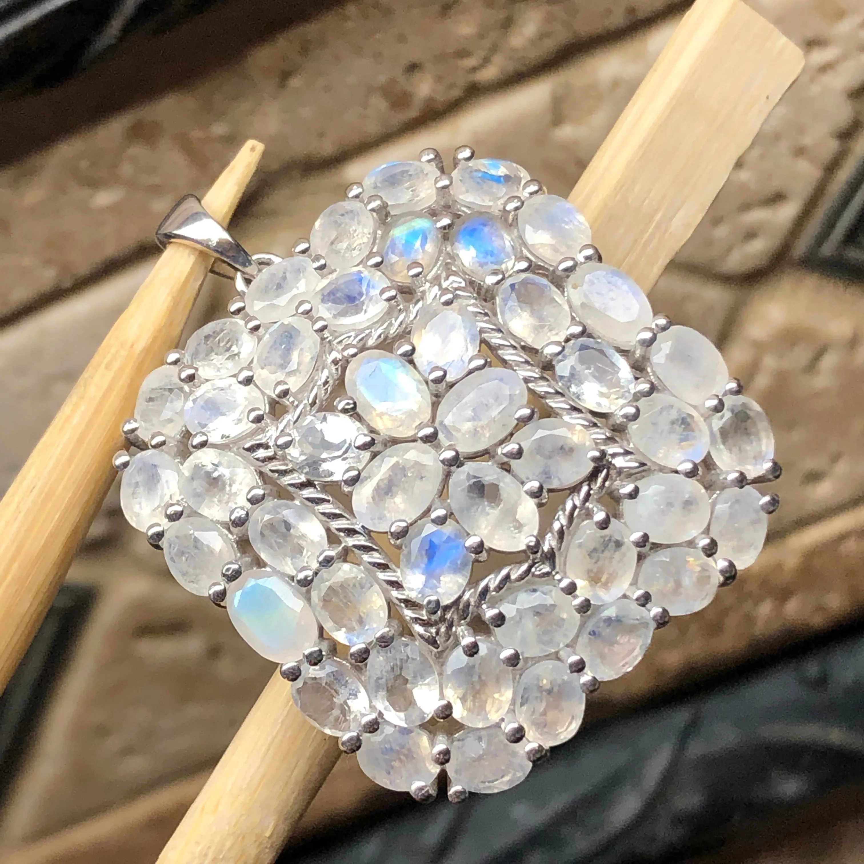 Natural Rainbow Moonstone 925 Solid Sterling Silver Pendant 40mm