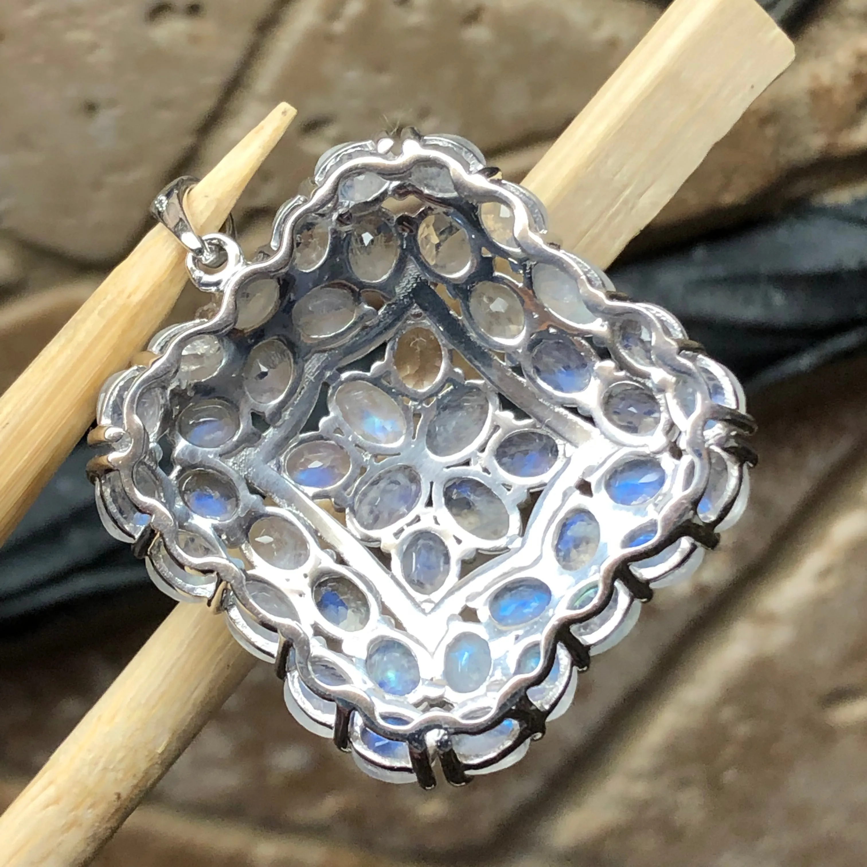 Natural Rainbow Moonstone 925 Solid Sterling Silver Pendant 40mm