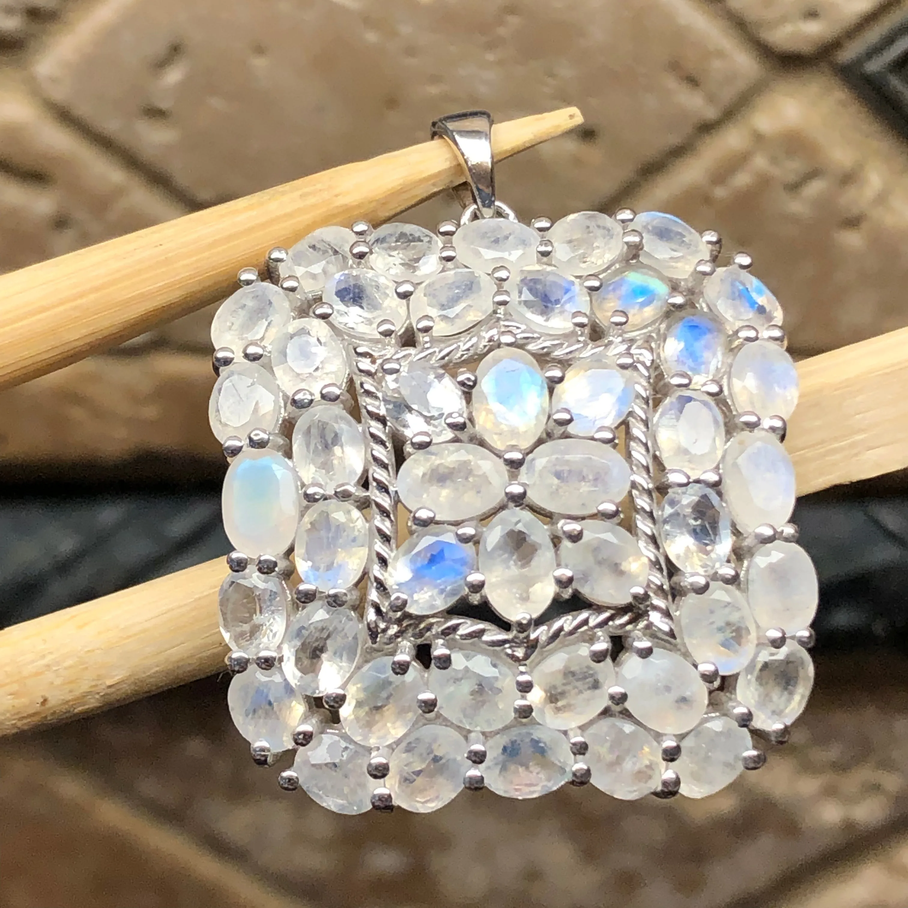 Natural Rainbow Moonstone 925 Solid Sterling Silver Pendant 40mm