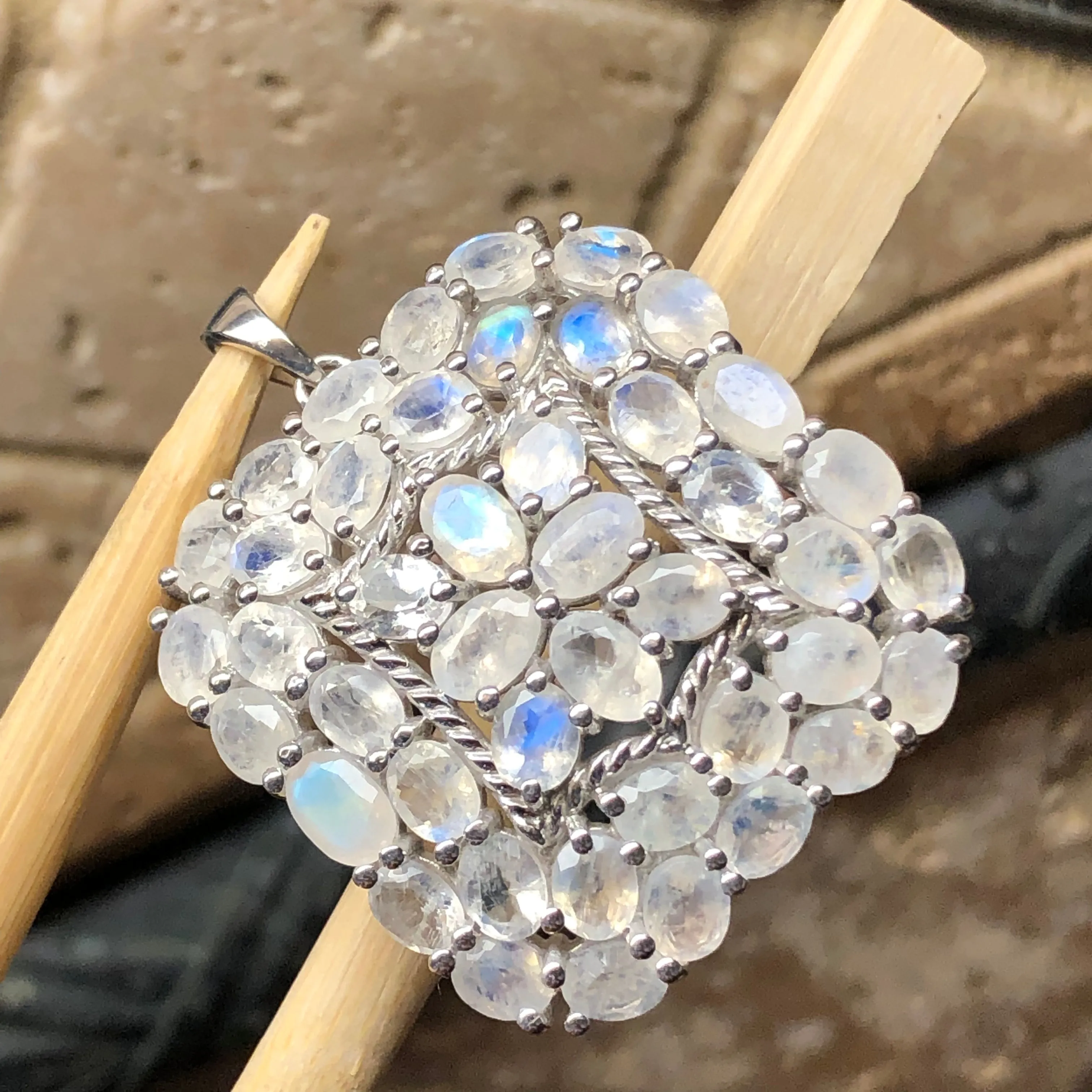 Natural Rainbow Moonstone 925 Solid Sterling Silver Pendant 40mm